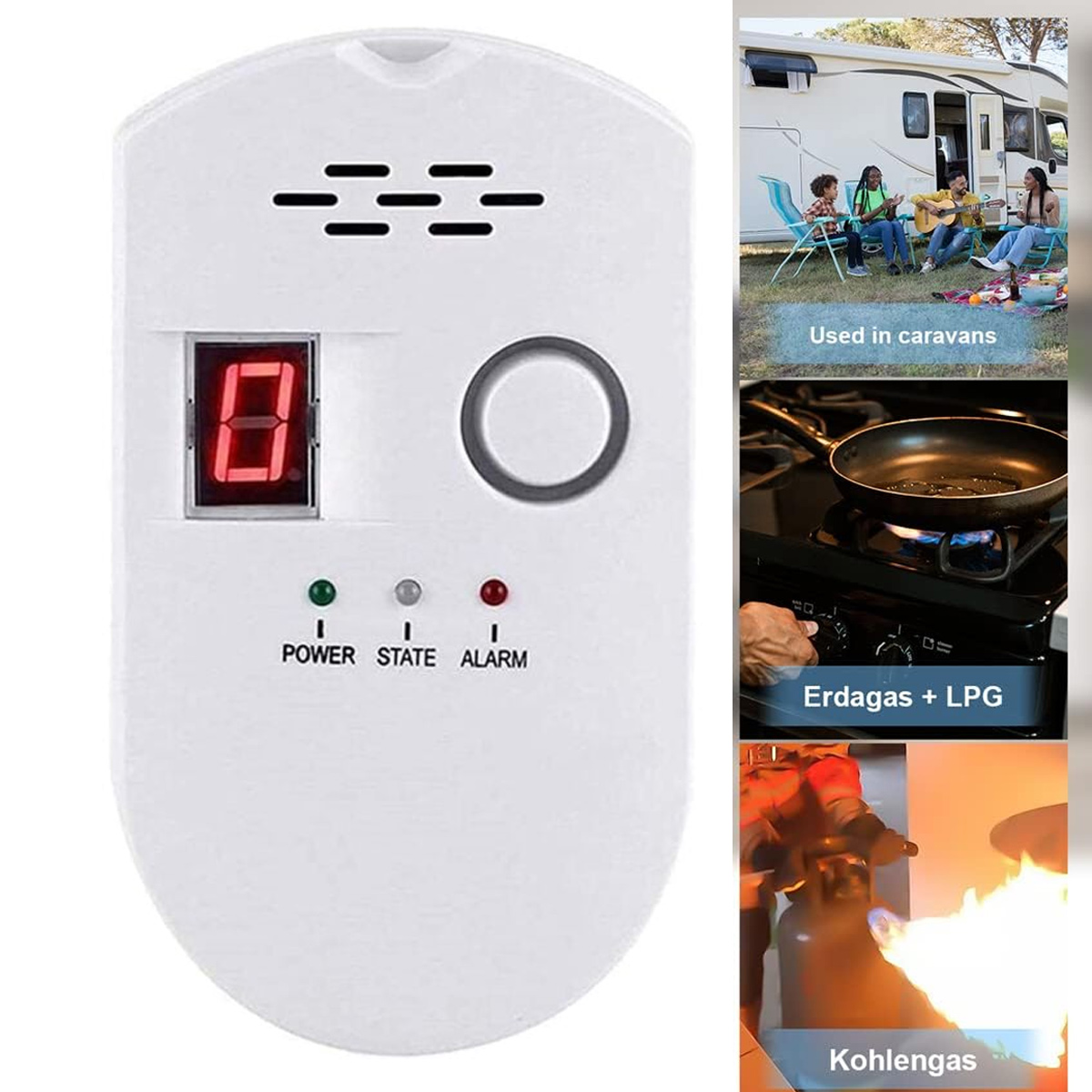 Weißer Gasdetektor mit Anzeige '0'. Er hat Strom-, Zustands- und Alarmanzeigen. Bilder zeigen Wohnwagen, Herd und Gasflamme.
