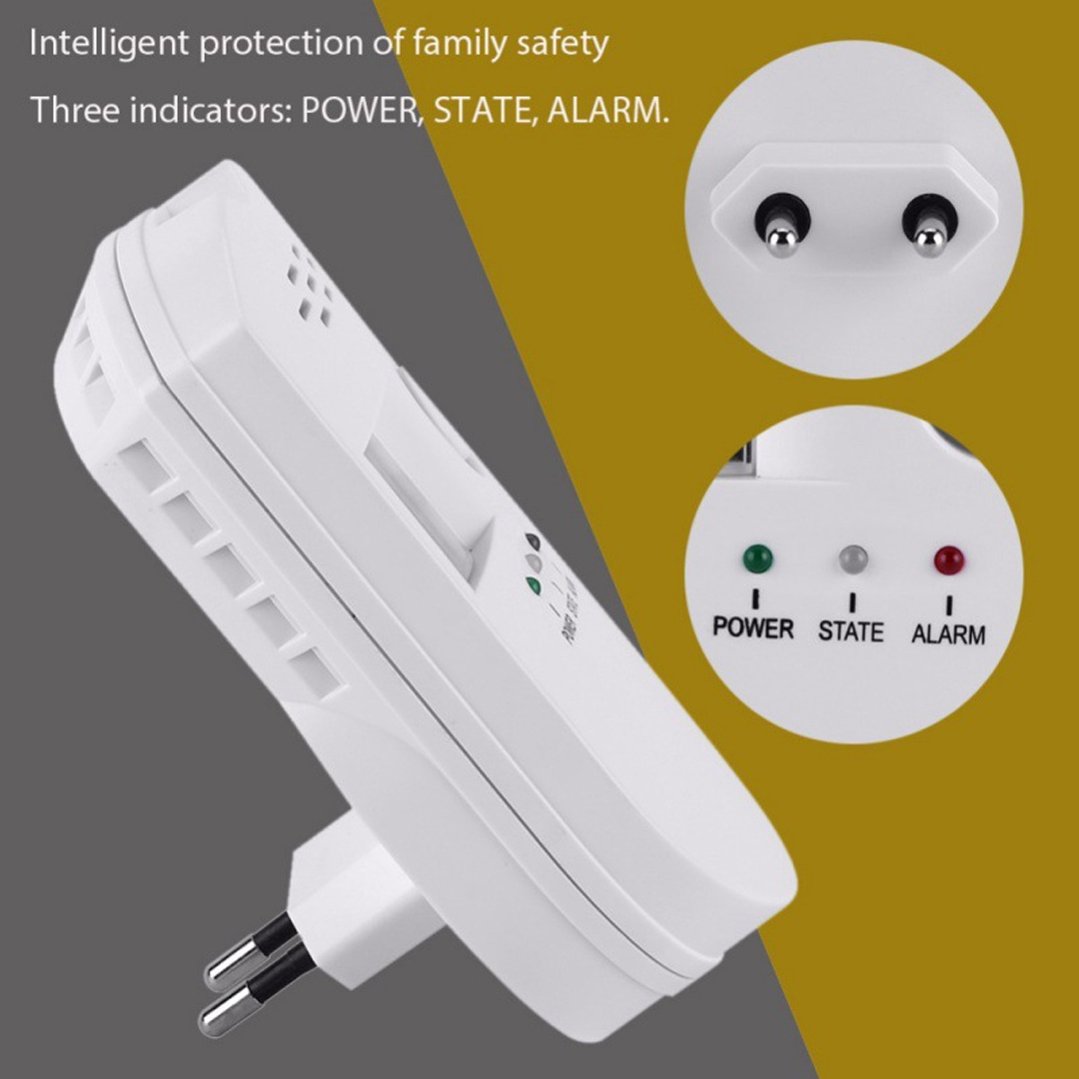 Weißes Gerät mit Stecker, zwei Kontrollleuchten. POWER-, STATE- und ALARM-Anzeigen. Text: Intelligenter Schutz der Familiensicherheit.