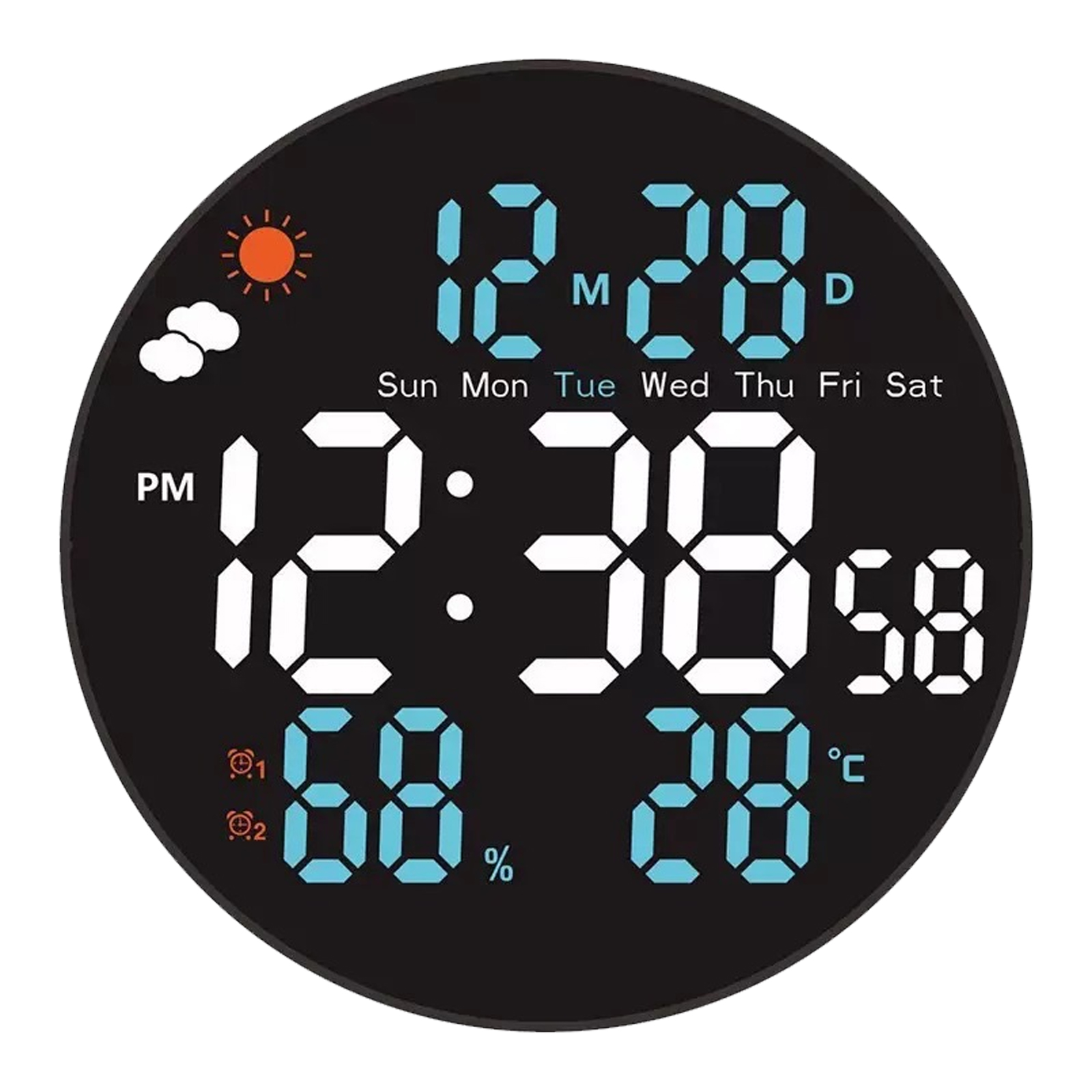 Orologio digitale che mostra ora, data, umidità e temperatura. Include icone di sole e nuvole. L'ora è 12:38:58.