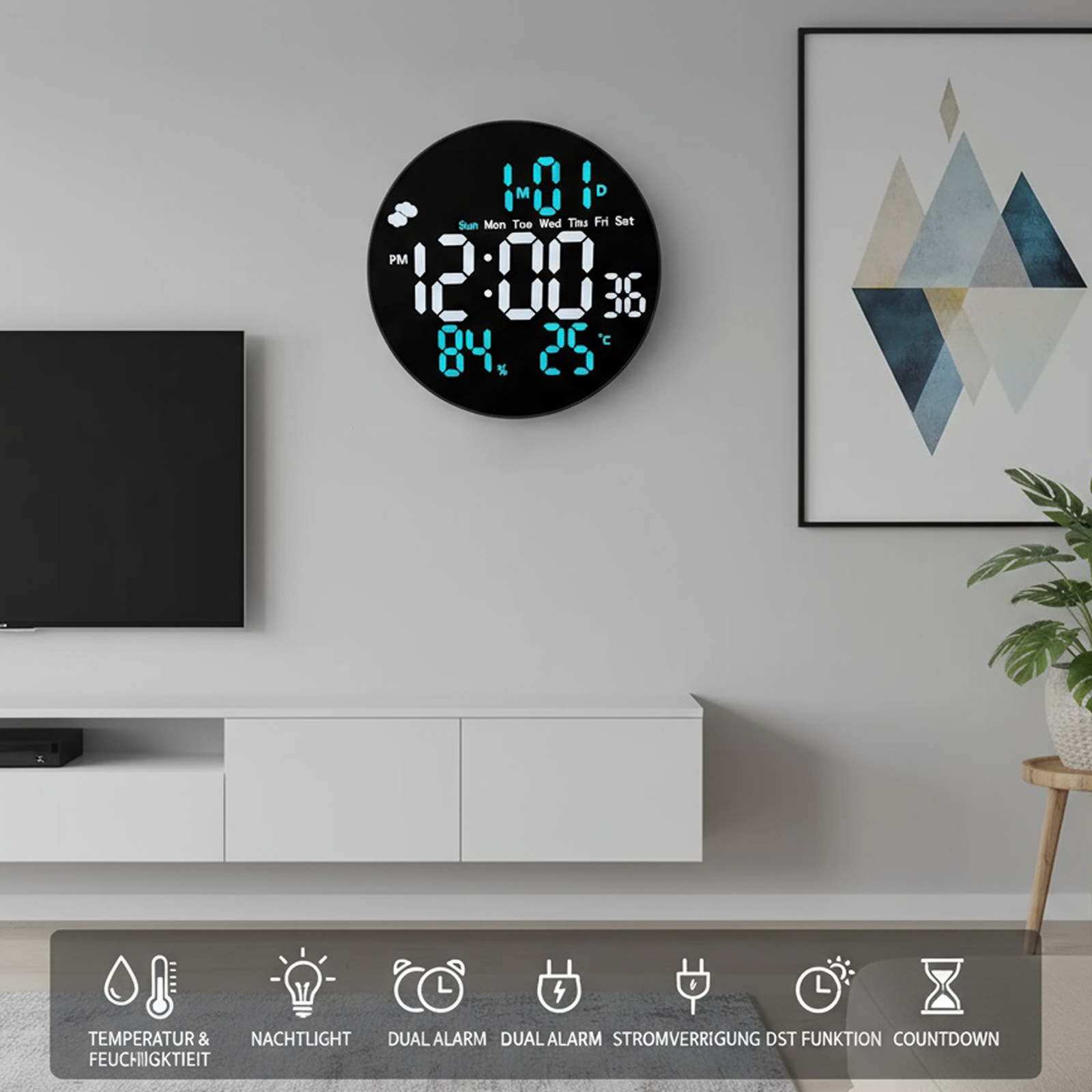 Un orologio digitale mostra ora, giorno, temperatura e umidità. È montato su una parete sopra un mobile bianco.