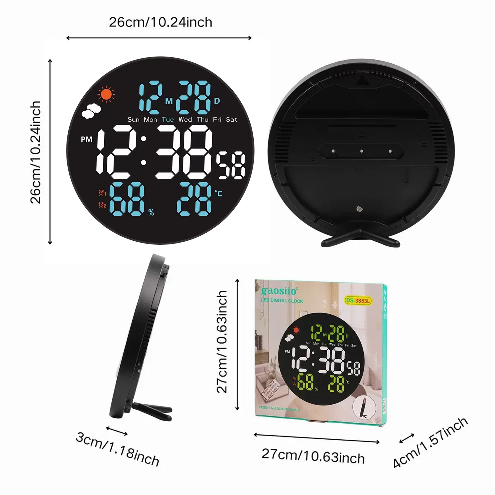 Orologio digitale che mostra ora, data, umidità e temperatura. Orologio nero con numeri bianchi, con scatola e dimensioni.