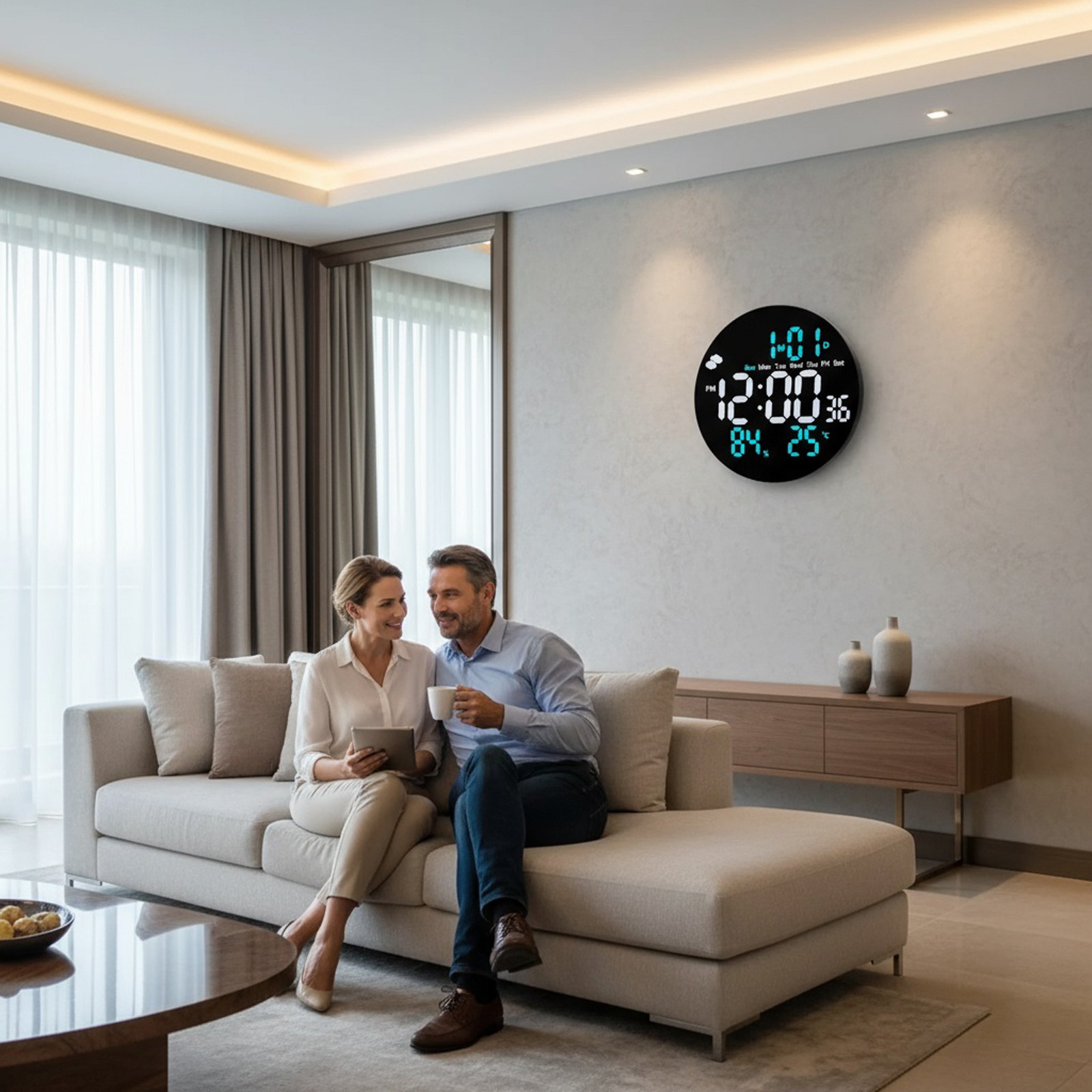 Una coppia è seduta su un divano. Un orologio digitale è appeso al muro. Un tavolino e un mobile sono nella stanza.