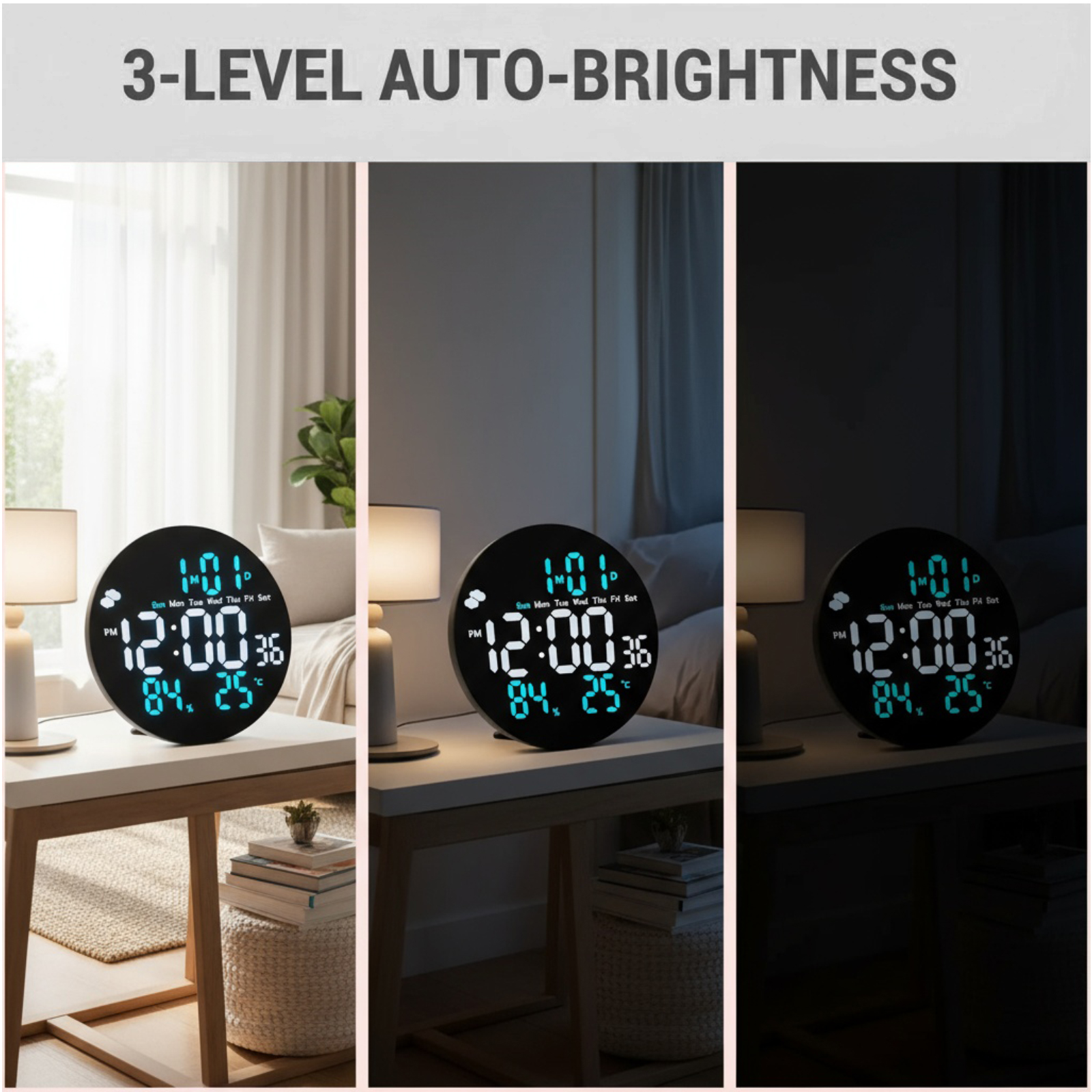 L'immagine mostra un orologio con tre livelli di luminosità. Visualizza ora, data, umidità e temperatura. Lo sfondo include un'ambientazione.