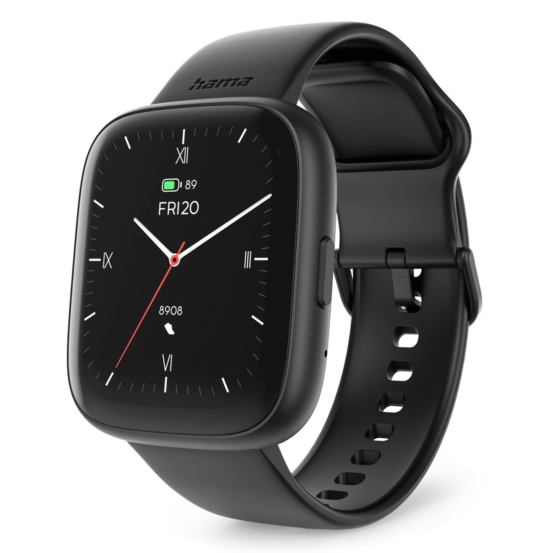 Un reloj inteligente negro que muestra la hora, la fecha y el nivel de batería. La correa es negra. La marca 'hama' es visible.
