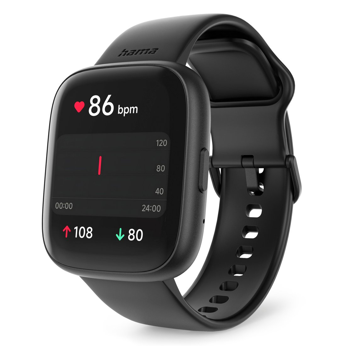 Reloj inteligente negro mostrando 86 bpm. Muestra un gráfico de líneas rojo. Flechas arriba y abajo indican cambios en la frecuencia cardíaca.