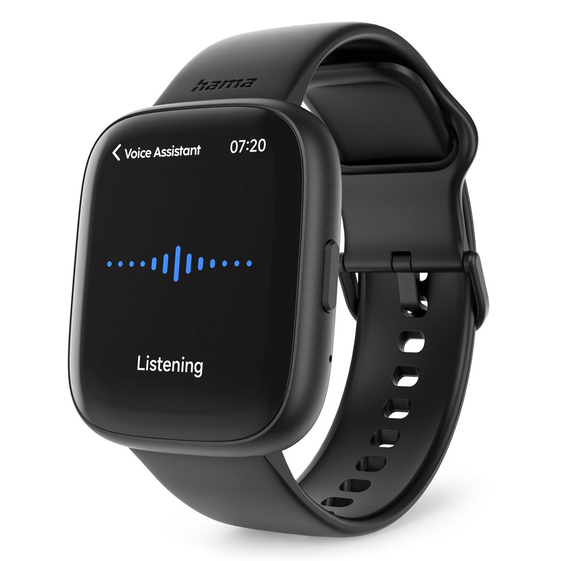 Reloj inteligente negro con pantalla curva muestra 'Asistente de voz' y 'Escuchando'. La hora es 07:20. La correa del reloj también es negra.