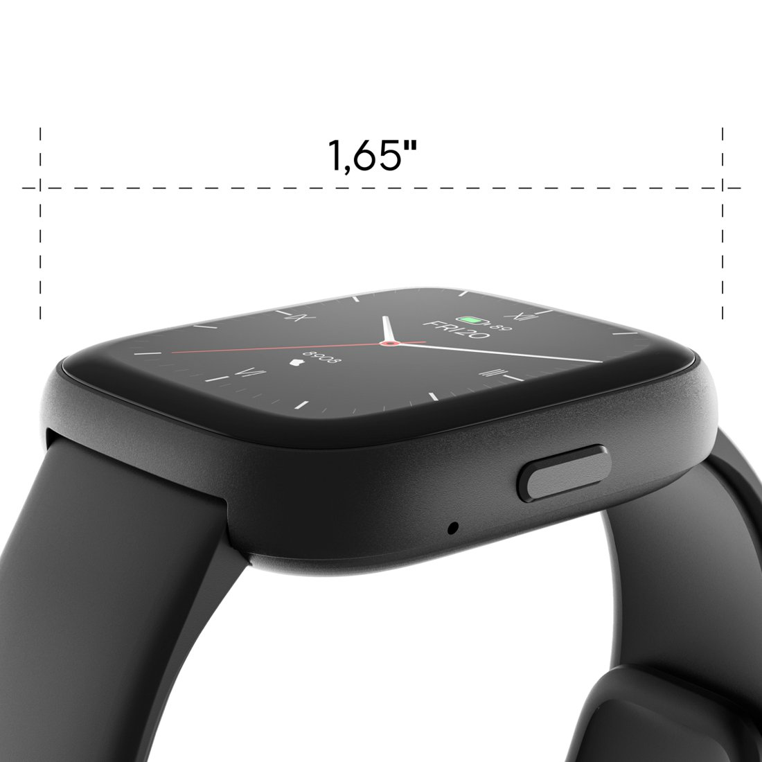 Reloj inteligente negro con bordes curvos y correa negra. La pantalla muestra la hora y otros datos. Marcado con una medida de 1,65".