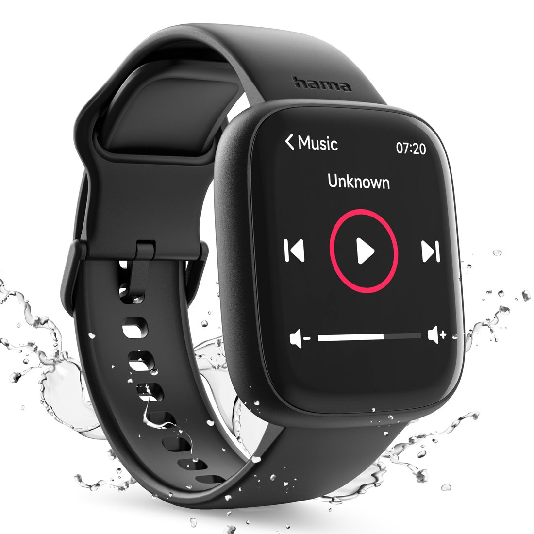 Un reloj inteligente negro con interfaz musical. La pantalla muestra un botón de reproducción y otros controles. Gotas de agua rodean el reloj.