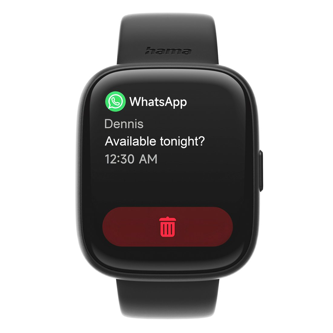 Reloj inteligente negro mostrando un mensaje de WhatsApp de Dennis: '¿Disponible esta noche?' a las 12:30 AM. Icono rojo de papelera visible.
