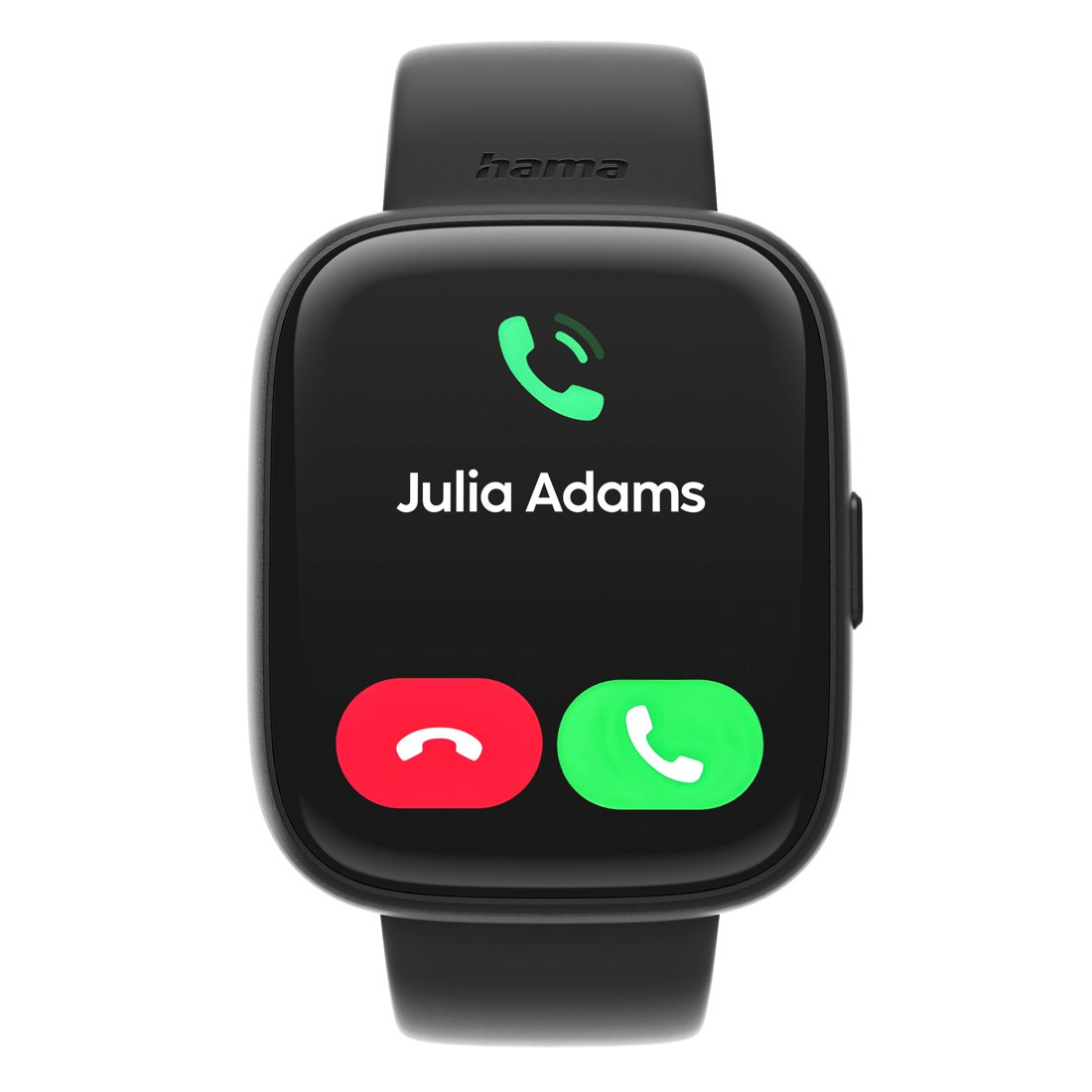 Czarny smartwatch wyświetla połączenie przychodzące od Julii Adams. Ekran pokazuje ikony akceptacji/odrzucenia połączenia. Logo Hama u góry.