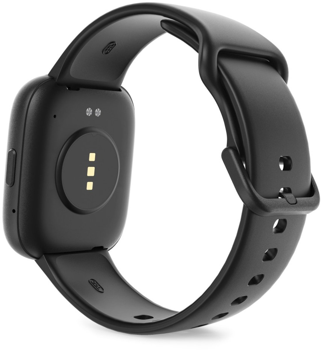 Czarny smartwatch pokazany pod kątem, aby pokazać tył. Pasek ma kilka otworów. Tył ma czujniki.