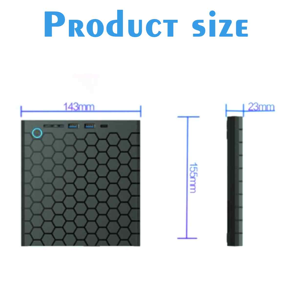 Das Bild zeigt die Produktgröße: Eine schwarze Powerbank mit den angegebenen Abmessungen: 143 mm breit, 155 mm hoch und 23 mm dick. Text sagt Produktgröße.