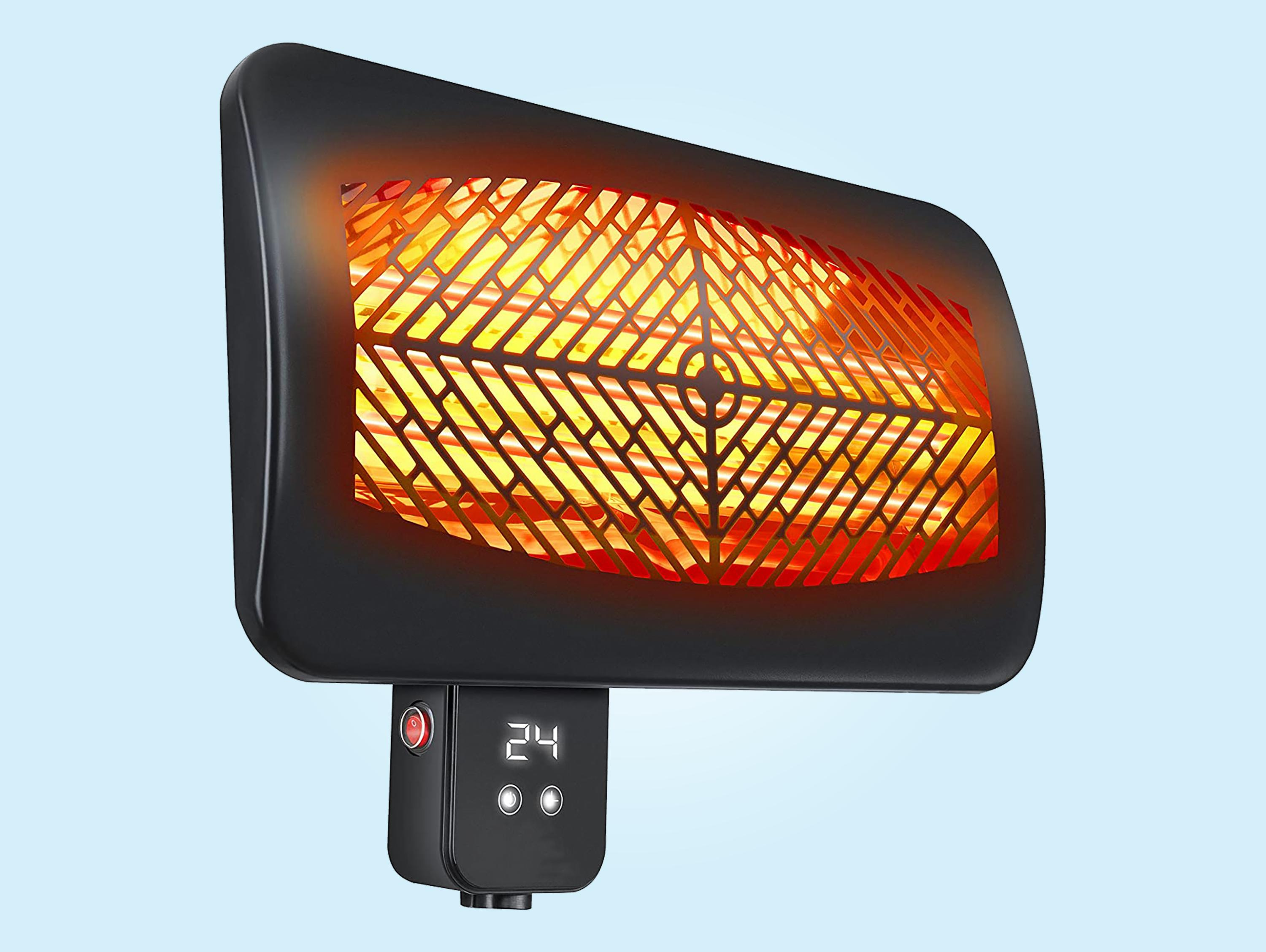 Schwarzer Wandheizkörper mit leuchtend orangefarbenem Innenraum. Er hat ein digitales Display mit '24'.