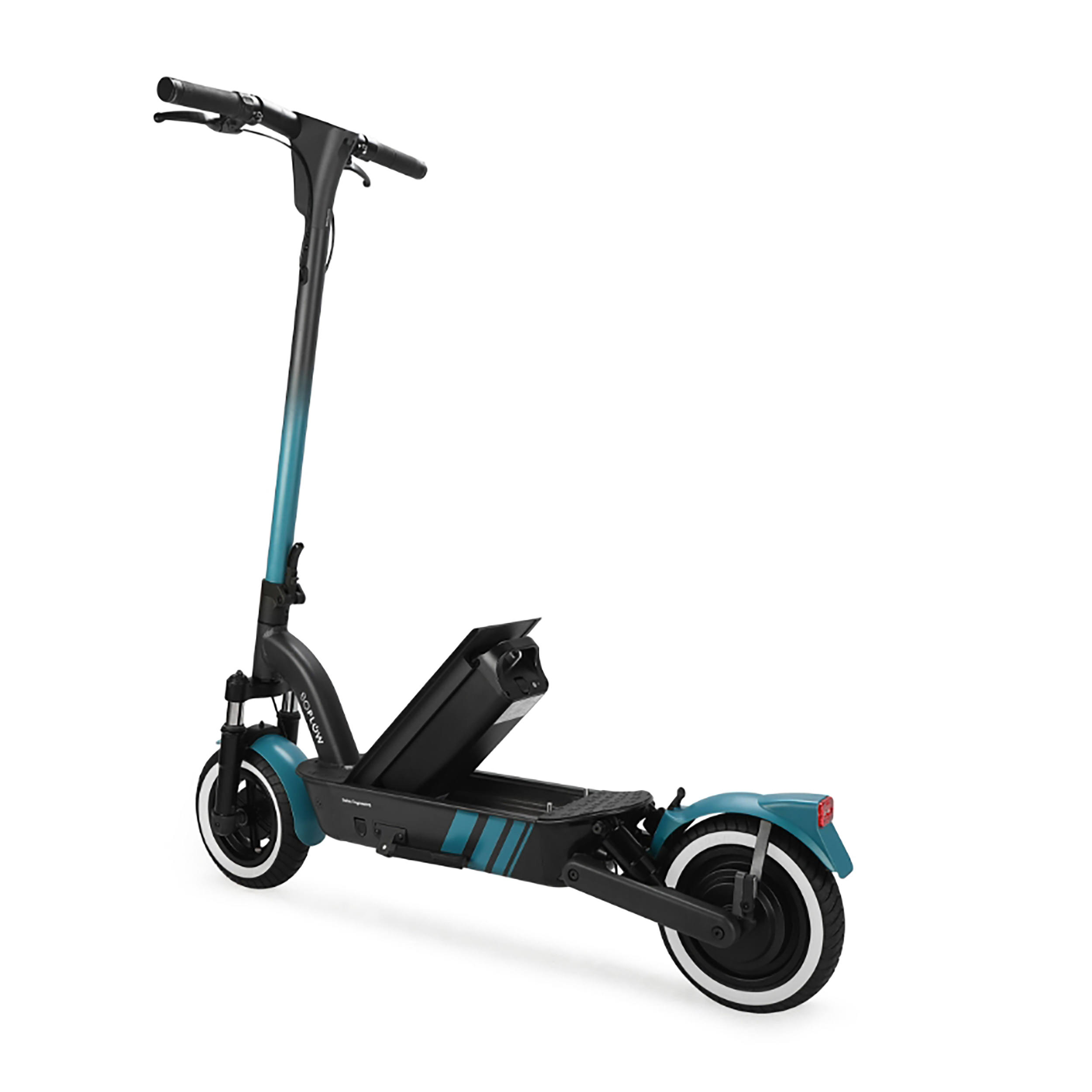 Ein Elektroroller mit einem teal-schwarzen Rahmen. Er hat Weißwandreifen und einen schwarzen Lenker.