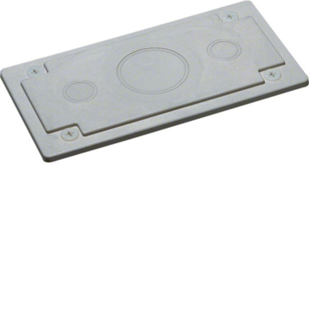 Un coperchio rettangolare grigio chiaro per scatola elettrica da pavimento. Ha un'indentazione circolare centrale e altre più piccole. Le viti lo fissano.