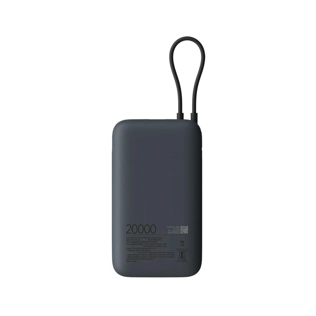 Dunkelgraue Powerbank mit schwarzem Schlaufenhenkel. Text auf dem Gerät zeigt eine Kapazität von 20000 und weitere Angaben.
