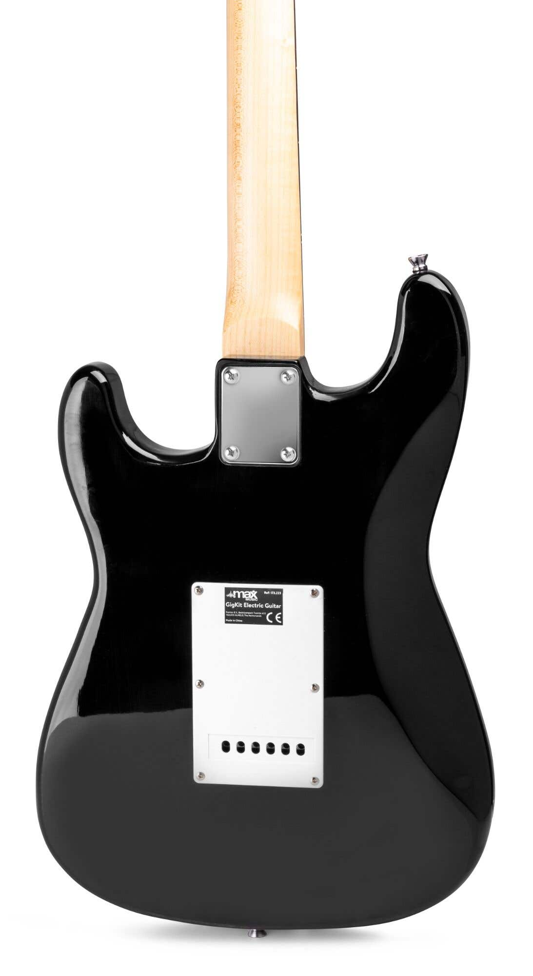Parte trasera de guitarra eléctrica negra con mástil de madera clara. Se ven una placa blanca con detalles negros y una placa plateada.