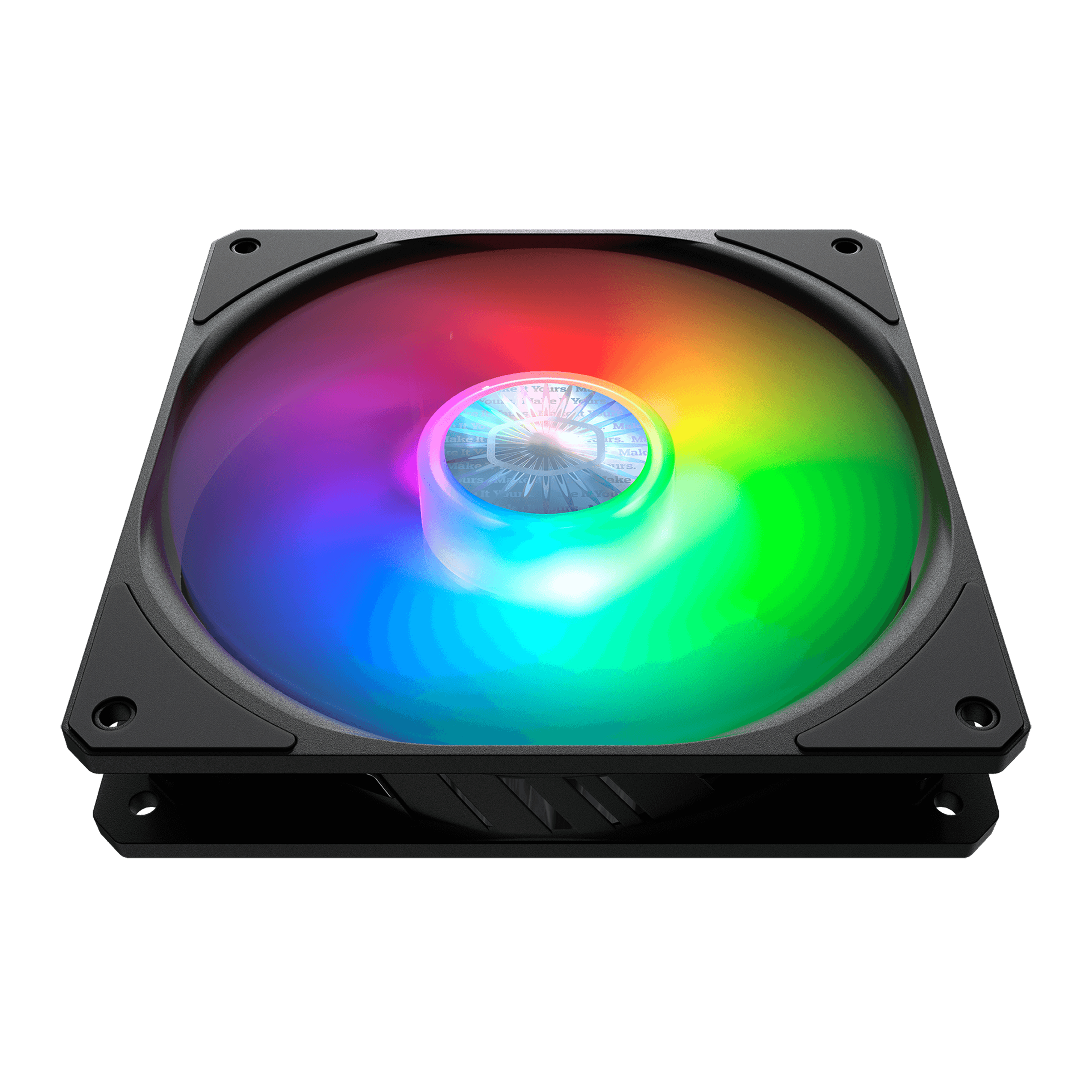 Ein Computerlüfter mit schwarzem Rahmen und Regenbogen-Lichteffekt. Der Lüfter befindet sich vor weißem Hintergrund.