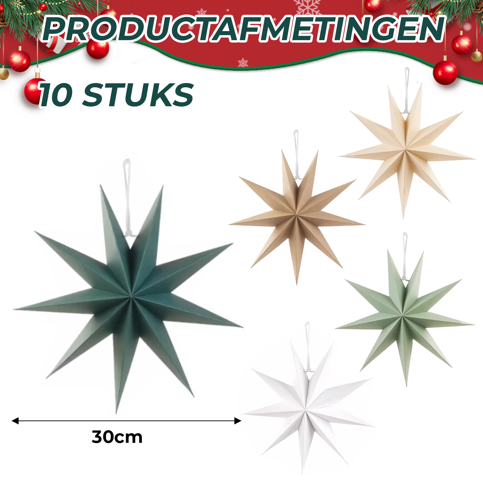 Fünf Papierstern-Dekorationen in Grün, Beige und Weiß. Festliches Banner oben mit Text und Weihnachtsschmuck.