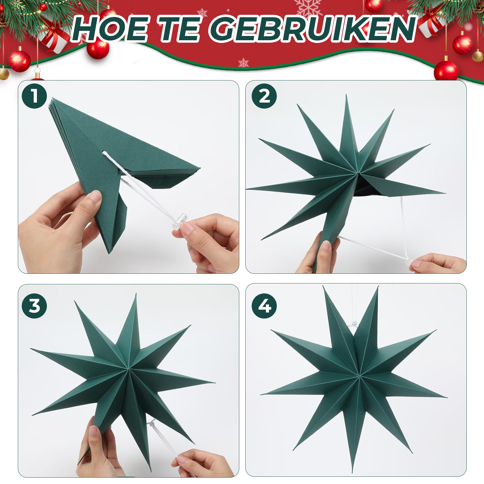 Anleitung zur Herstellung eines grünen Papiersterns, Schritt für Schritt. Hände falten Papier. Nummerierte Schritte 1-4. Weihnachtsdekoration im Hintergrund.
