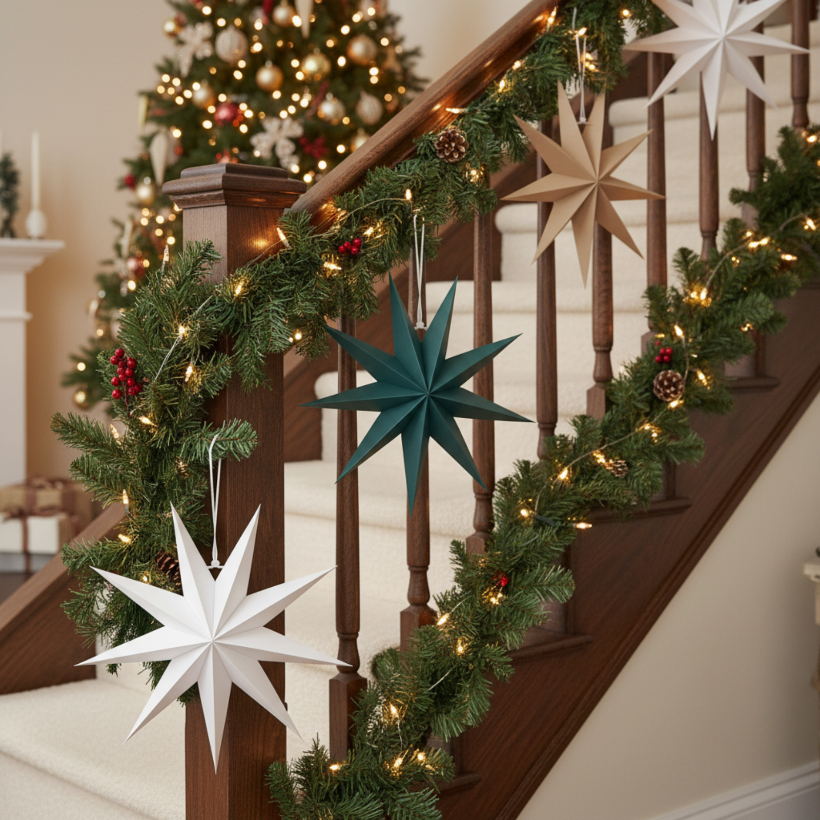 Weihnachtlich dekorierte Treppe. Papiersterne hängen am Geländer, geschmückt mit Girlanden und Lichtern. Ein Baum ist im Hintergrund.