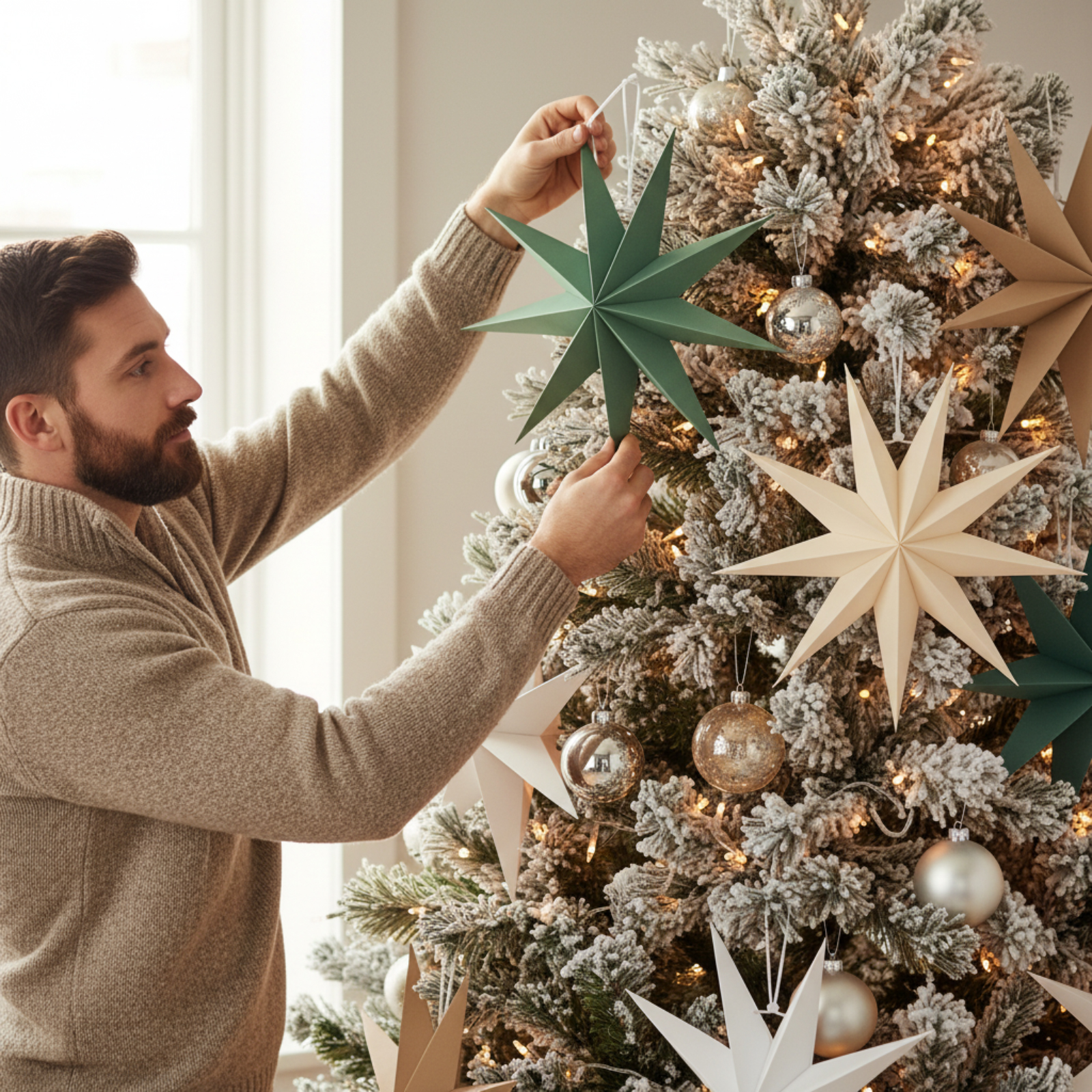 Ein Mann schmückt einen verschneiten Weihnachtsbaum mit Sternornamenten. Der Baum hat Lichter und silberne und goldene Kugeln.