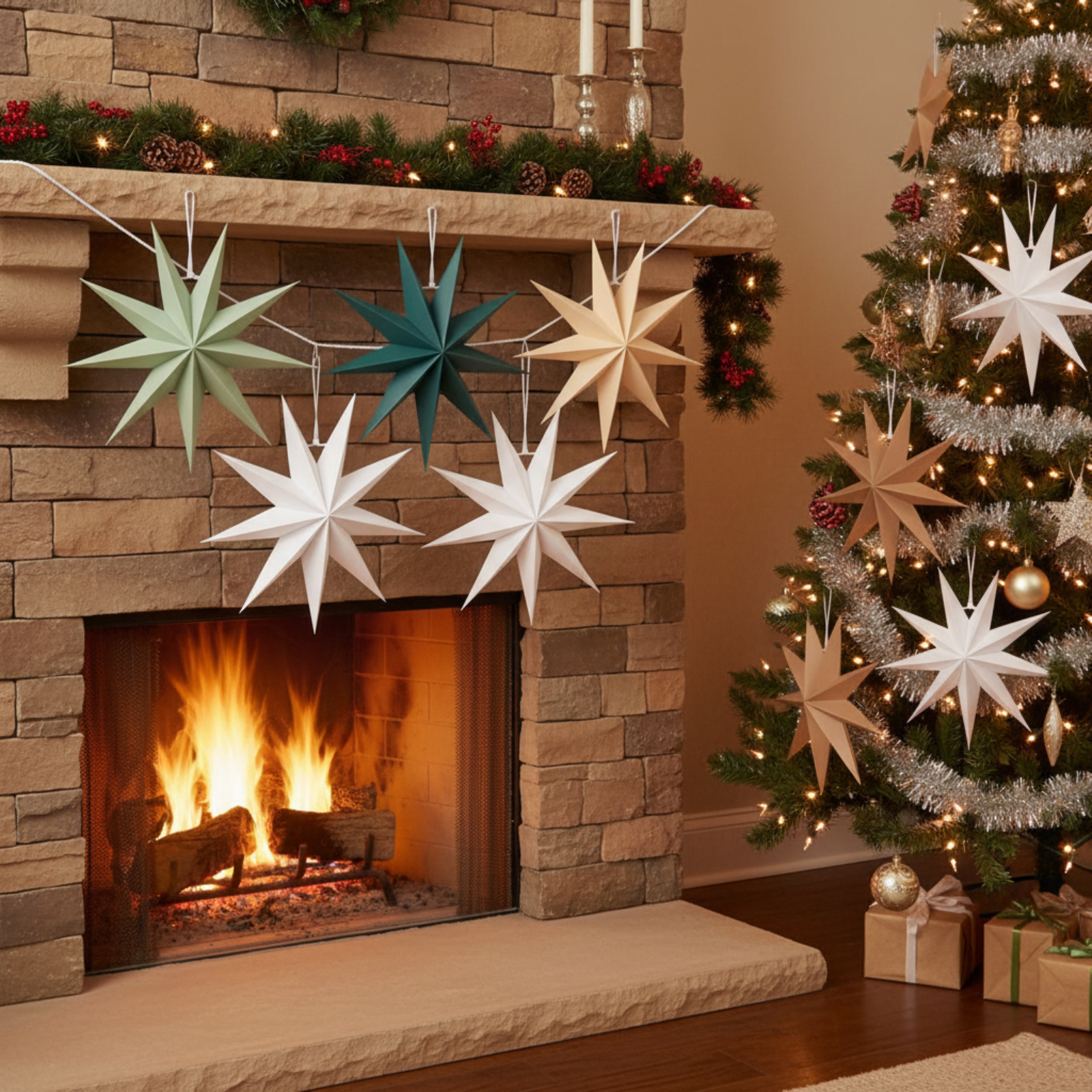 Ein Kamin mit brennendem Feuer und Sternschmuck. Ein Weihnachtsbaum und Geschenke sind im Hintergrund.