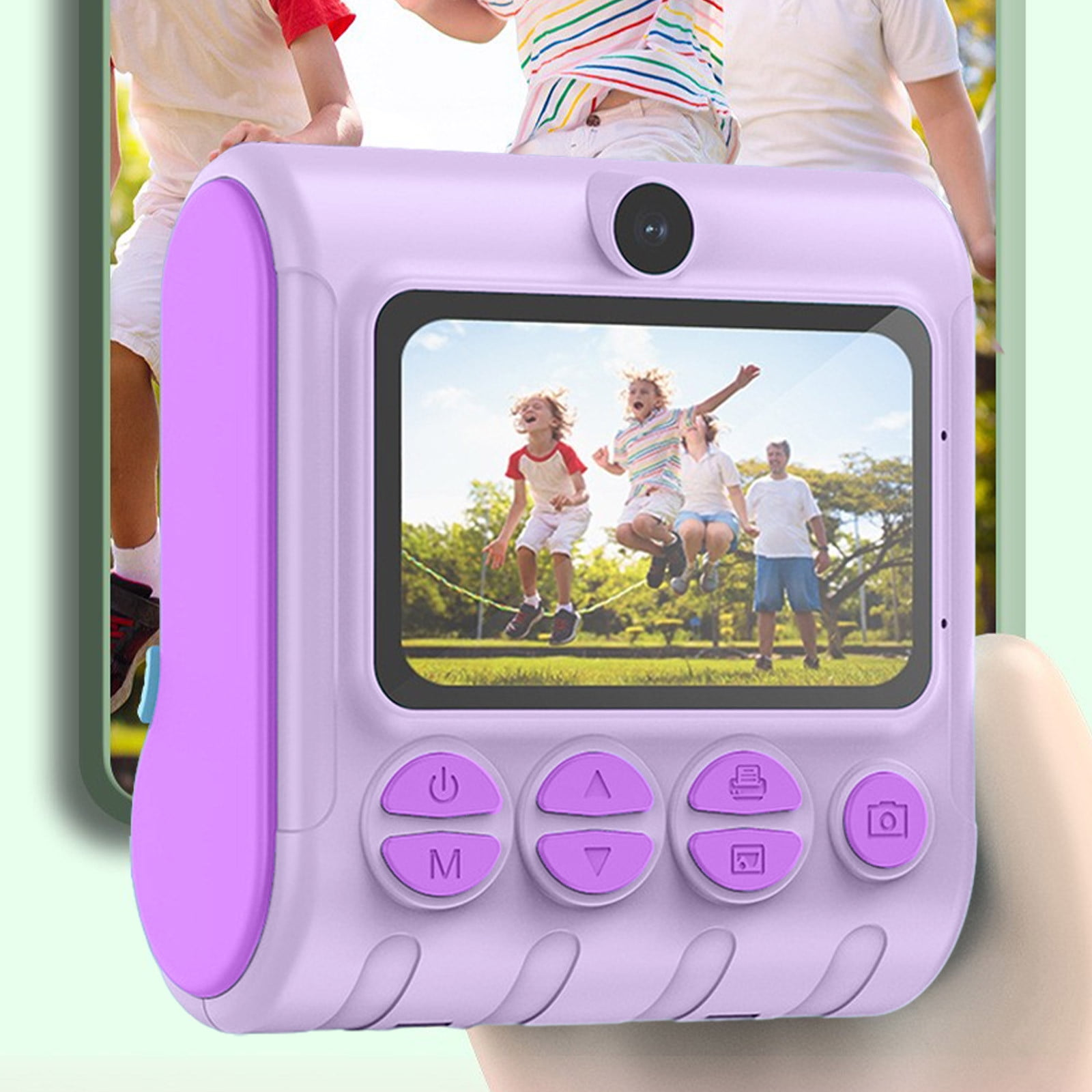 Eine lila Kinderkamera mit einem Bildschirm, der springende Kinder zeigt. Die Kamera hat Knöpfe und ein Objektiv.