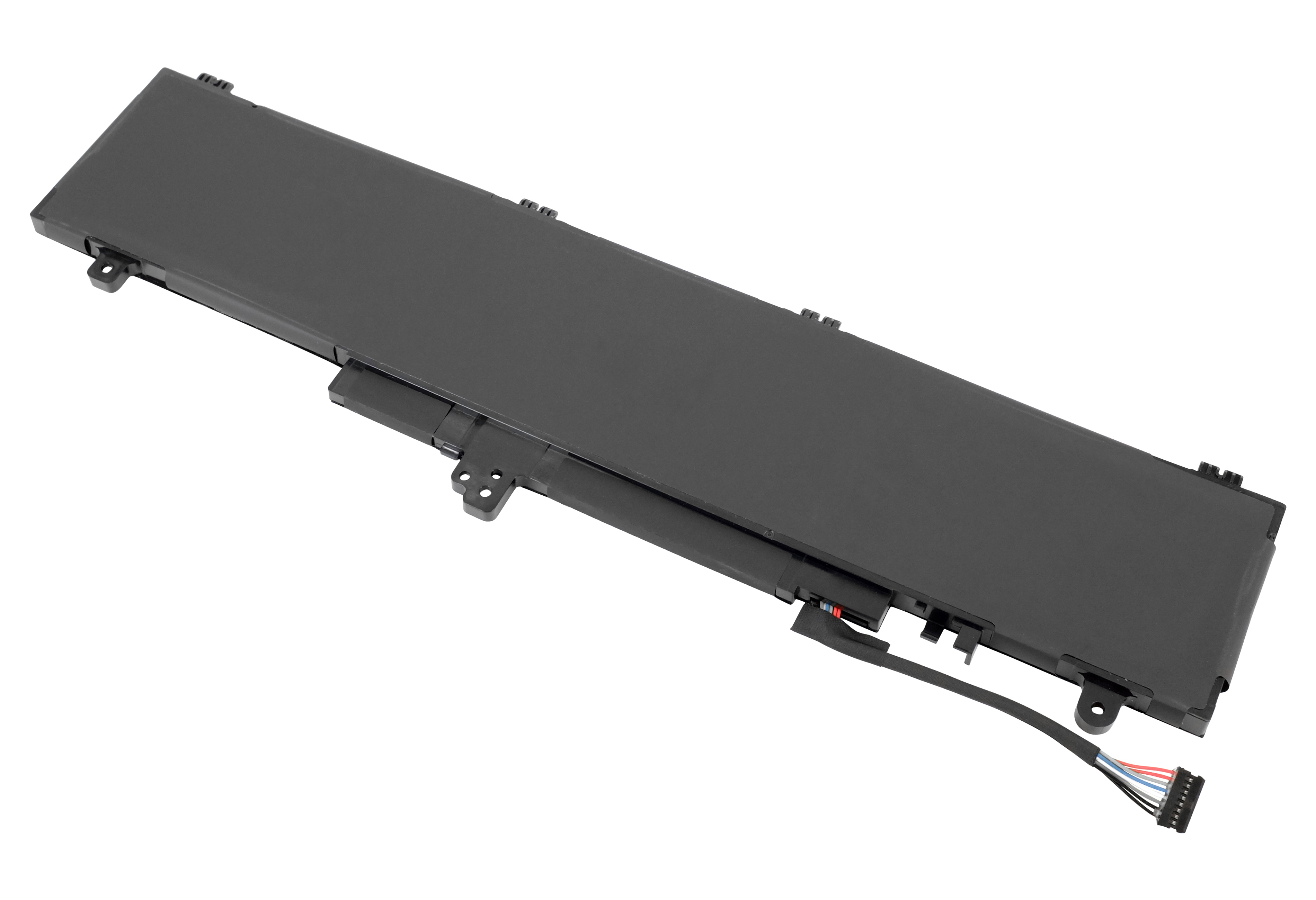Ein schwarzer Laptop-Akku auf weißem Hintergrund. Er hat ein Kabel mit bunten Drähten.