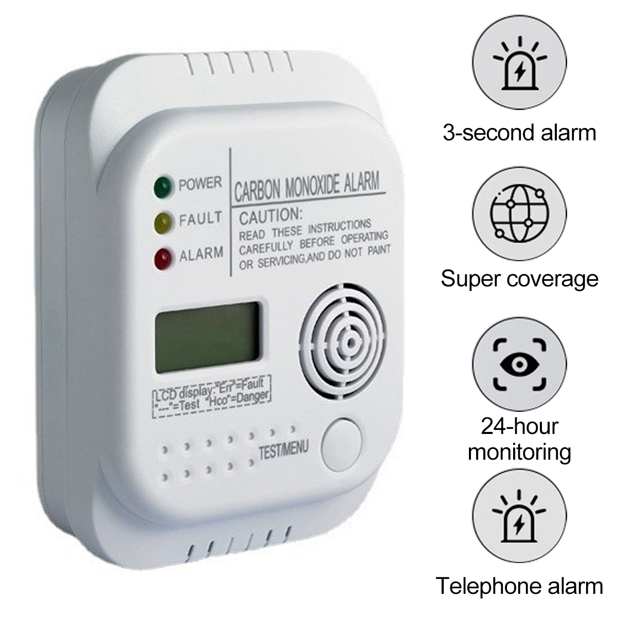 Ein weißer Kohlenmonoxid-Melder mit Digitalanzeige, Kontrollleuchten und Symbolen für Funktionen wie einen 3-Sekunden-Alarm und 24-Stunden-Überwachung.