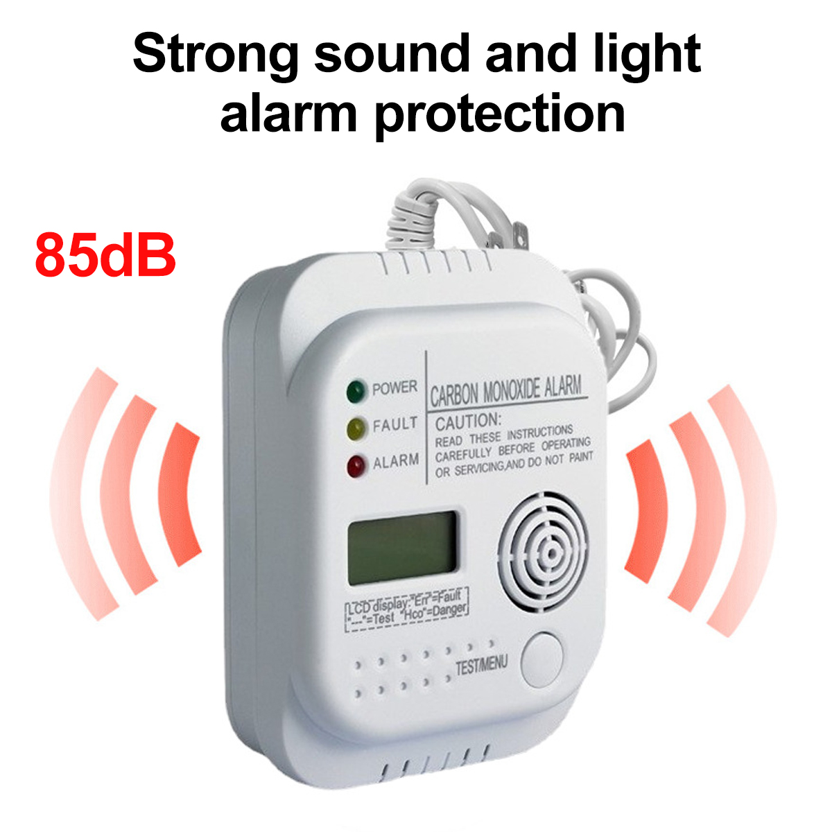 Ein weißer Kohlenmonoxid-Melder mit Display, roten und grünen Lichtern und Schallwellen. Text sagt '85dB' und 'Alarm Schutz'.