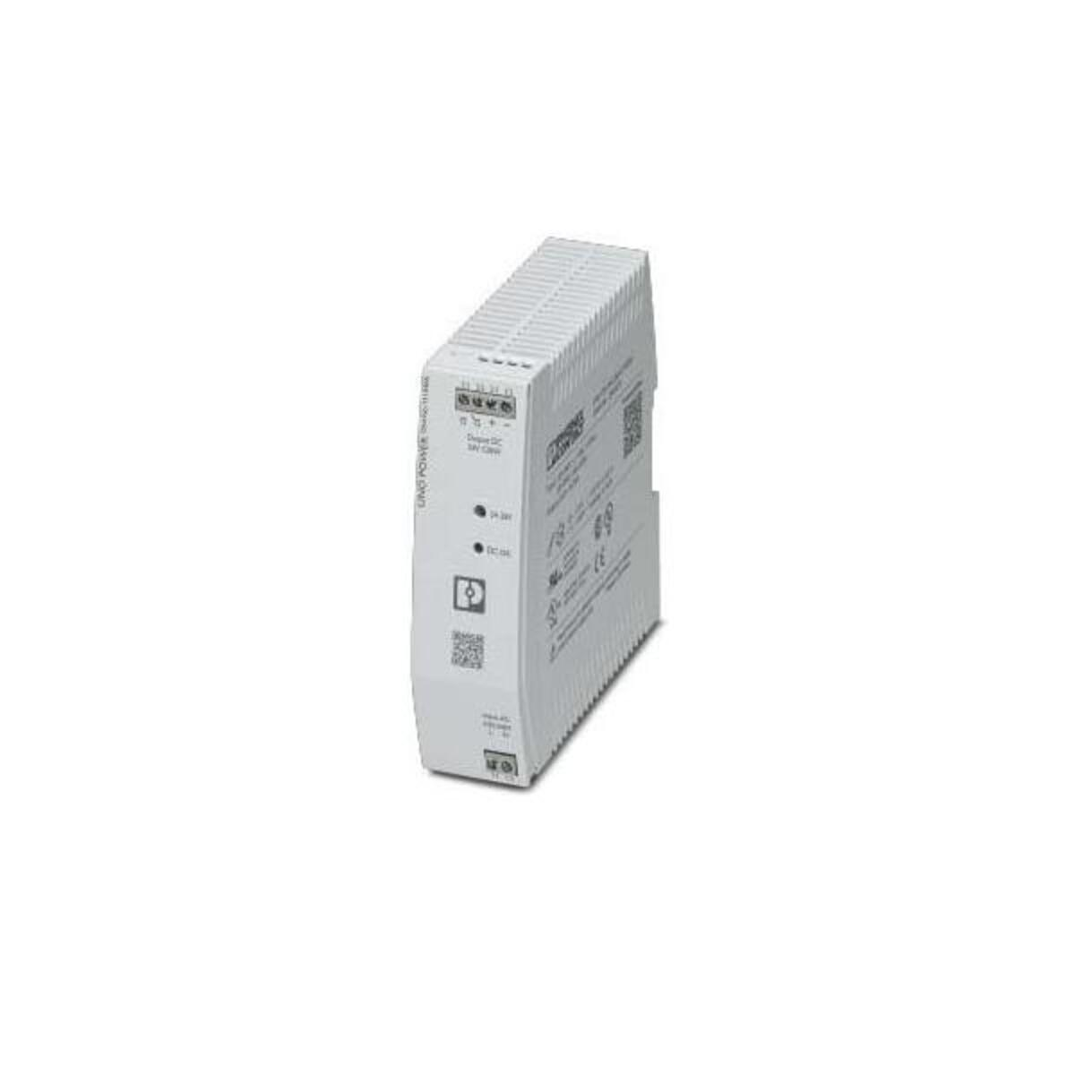 Un alimentatore bianco su sfondo bianco. Ha testo, un codice QR e una serie di luci sulla parte anteriore.