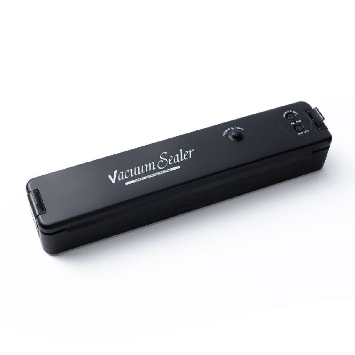 Ein schwarzes Vakuumiergerät auf weißem Untergrund. Es trägt die Aufschrift "Vacuum Sealer".