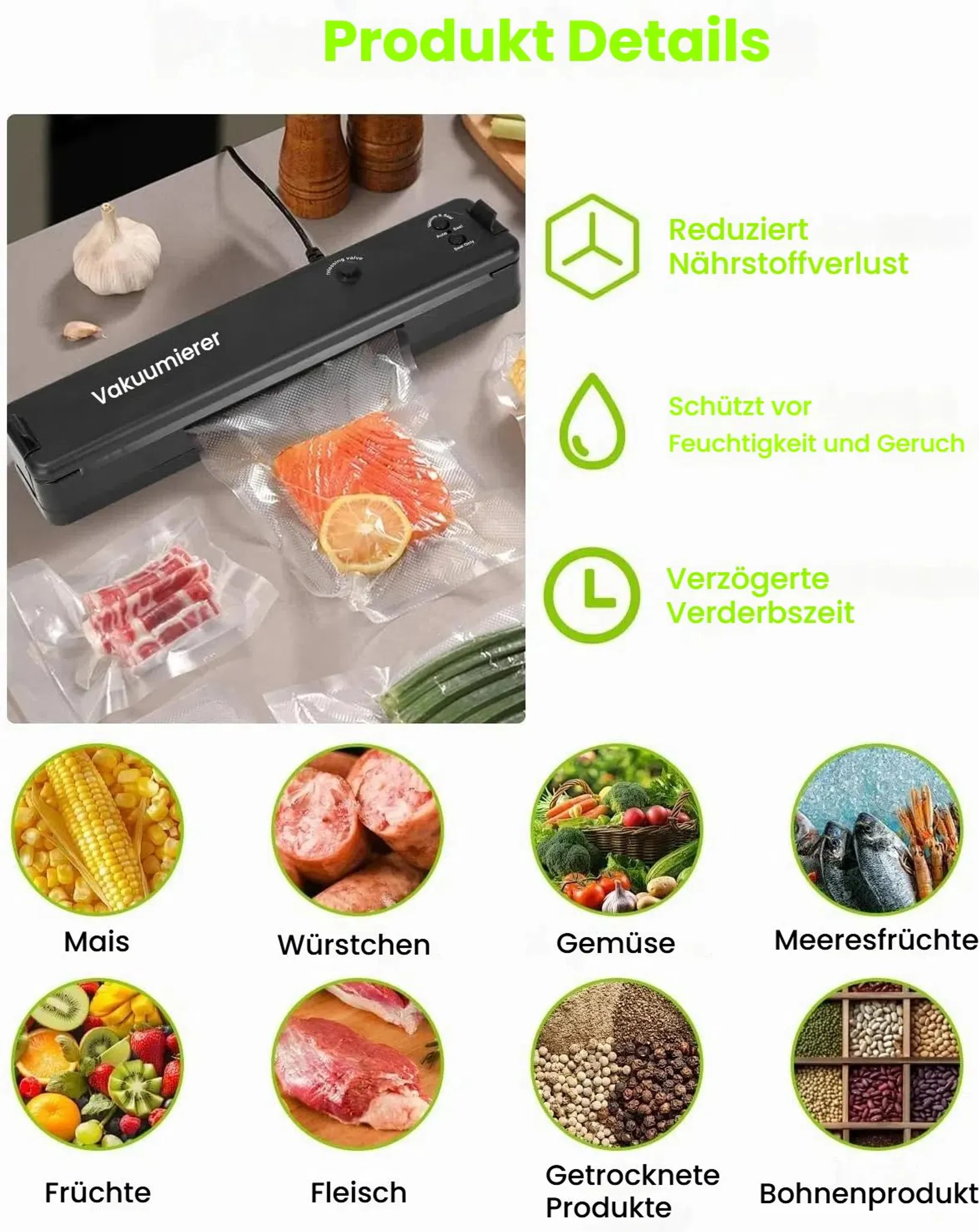 Das Bild zeigt einen Vakuumierer mit verpackten Lebensmitteln und Symbolen. Enthält Mais, Wurst, Obst und Fleisch. Text auf Deutsch.
