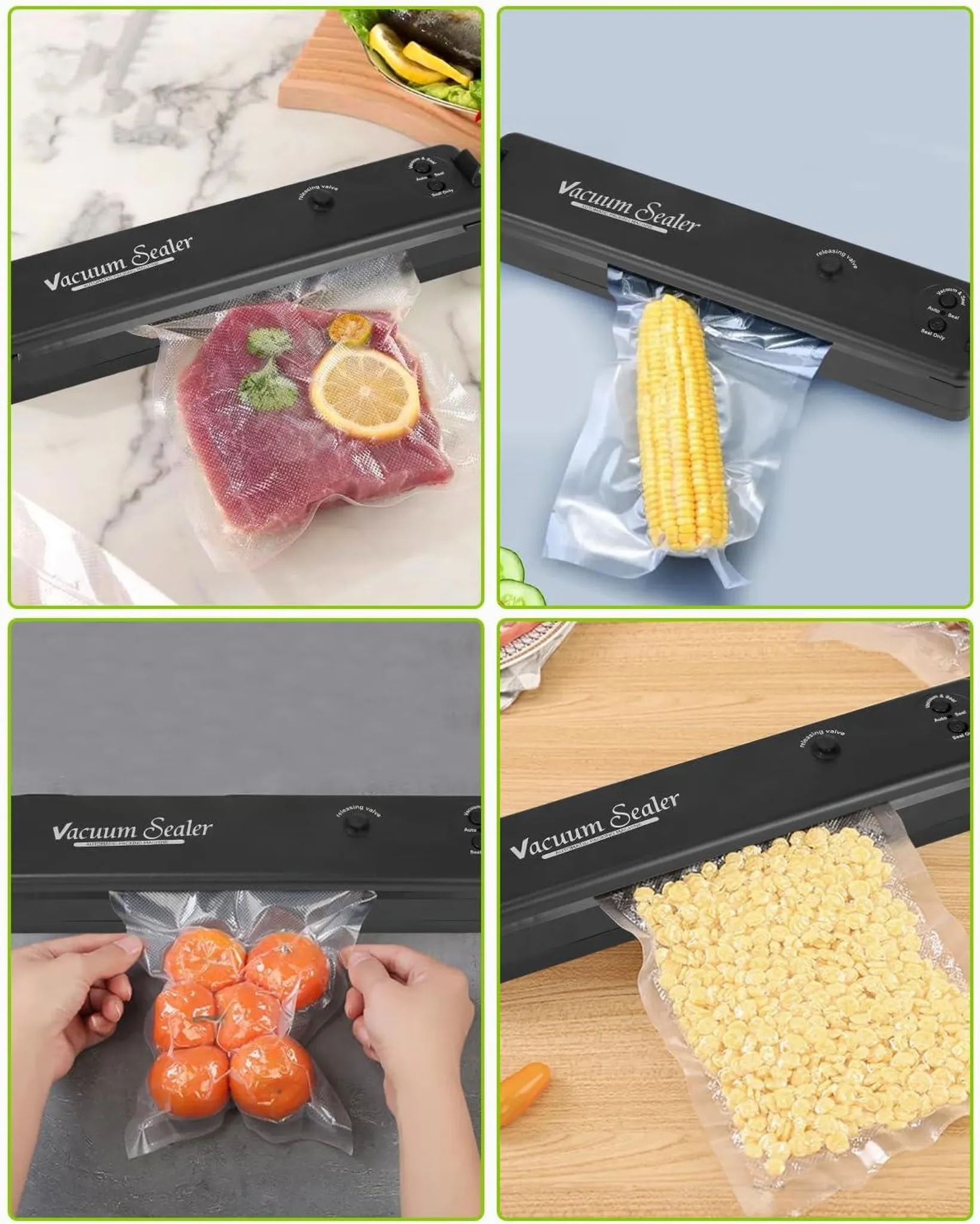 Das Bild zeigt einen Vakuumierer mit verschiedenen Lebensmitteln in versiegelten Beuteln, wie Fleisch, Mais, Orangen und Maiskörnern.