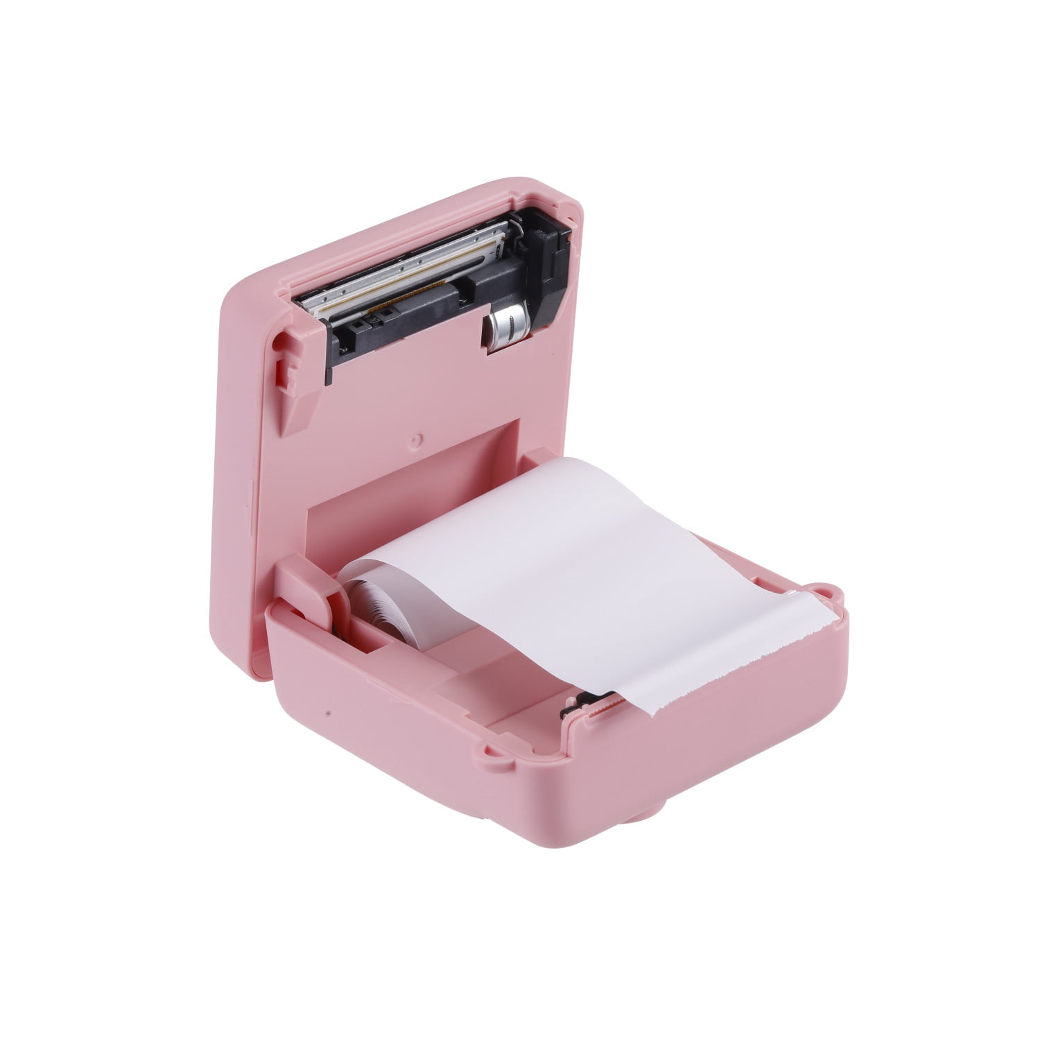 Ein rosa Mini-Drucker mit geöffneter Oberseite, der interne Komponenten zeigt. Weißes Papier kommt aus dem Drucker.