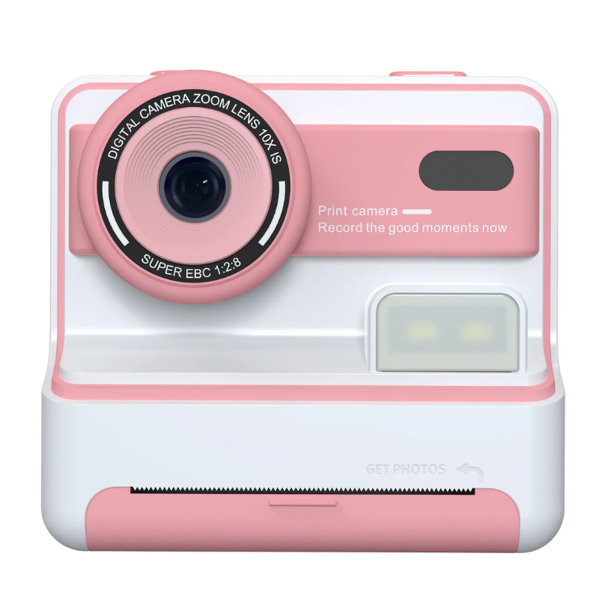 Rosa-weiße Sofortbildkamera mit Objektiv, Blitz und Fotoausgabeschlitz. Text: 'Print camera' und 'Get Photos'.