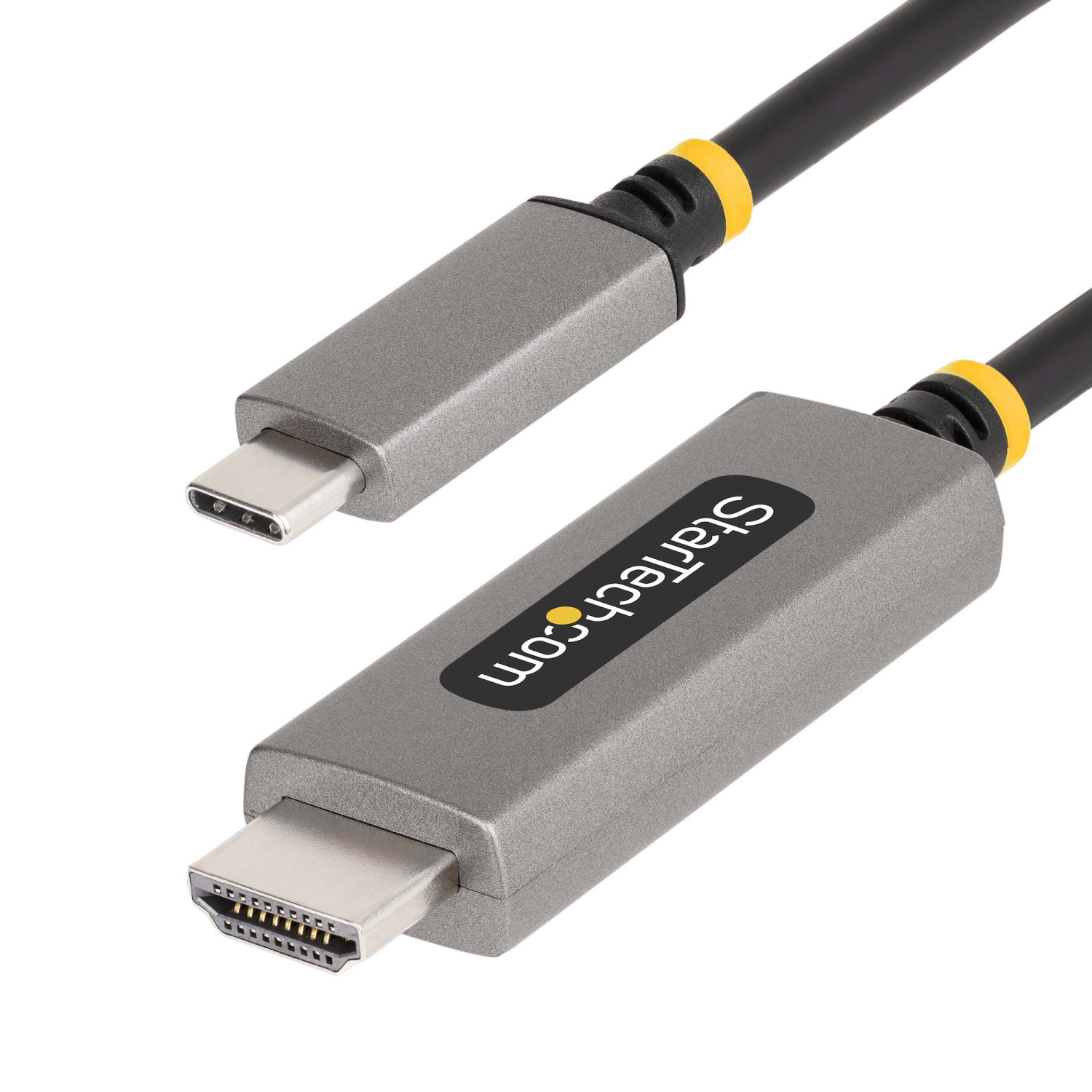 Graues und schwarzes HDMI-zu-USB-C-Kabel. Ein Ende ist USB-C, das andere HDMI. Der Markenname StarTech.com ist sichtbar.