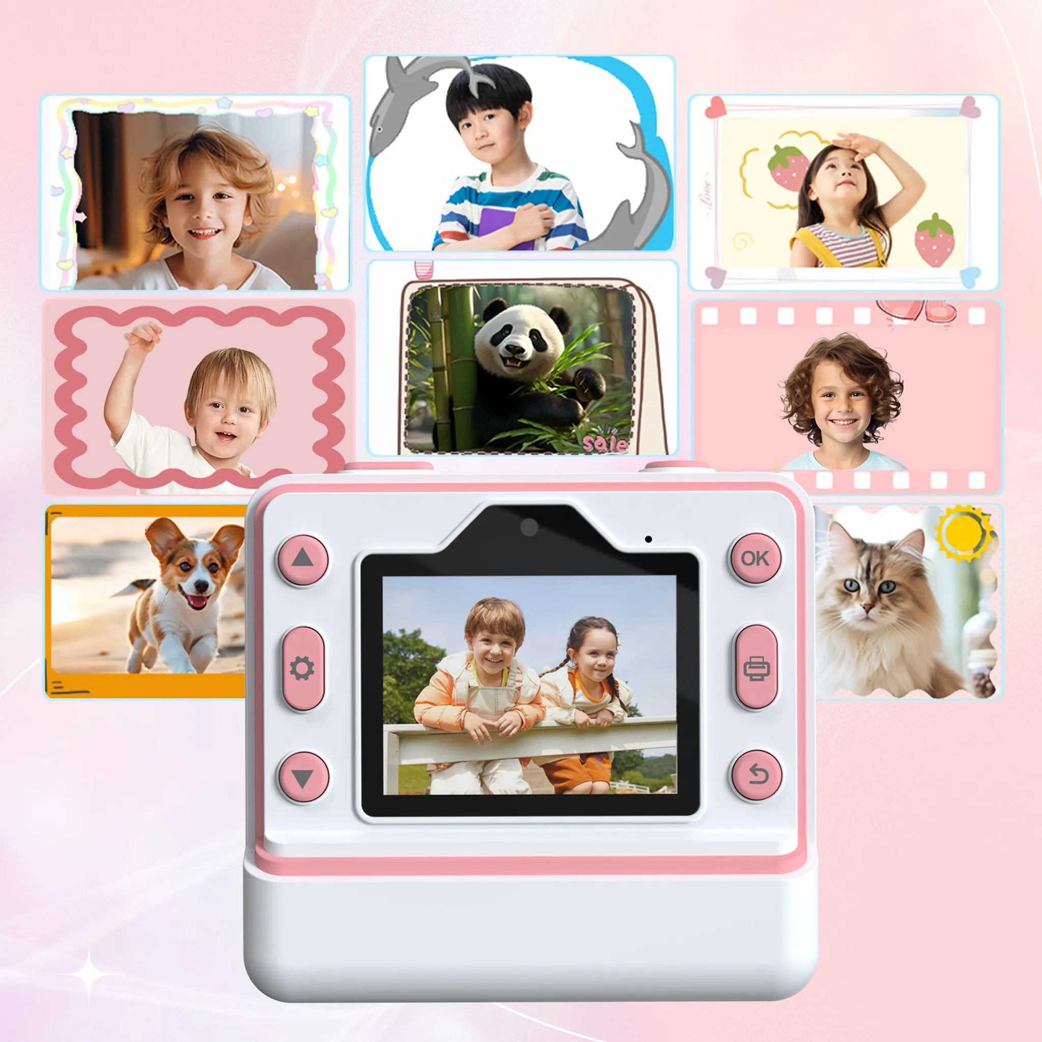 Eine rosa-weiße Kamera zeigt Fotos von Kindern, Tieren und Menschen. Andere Bilder umgeben die Kamera.