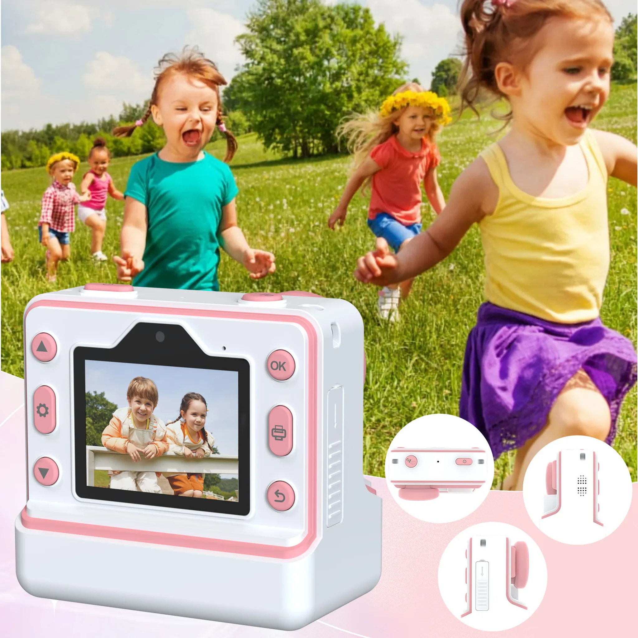 Kinder spielen auf einem Feld, im Vordergrund eine Kamera. Kinder rennen. Kamera hat einen Bildschirm, der zwei Kinder zeigt.
