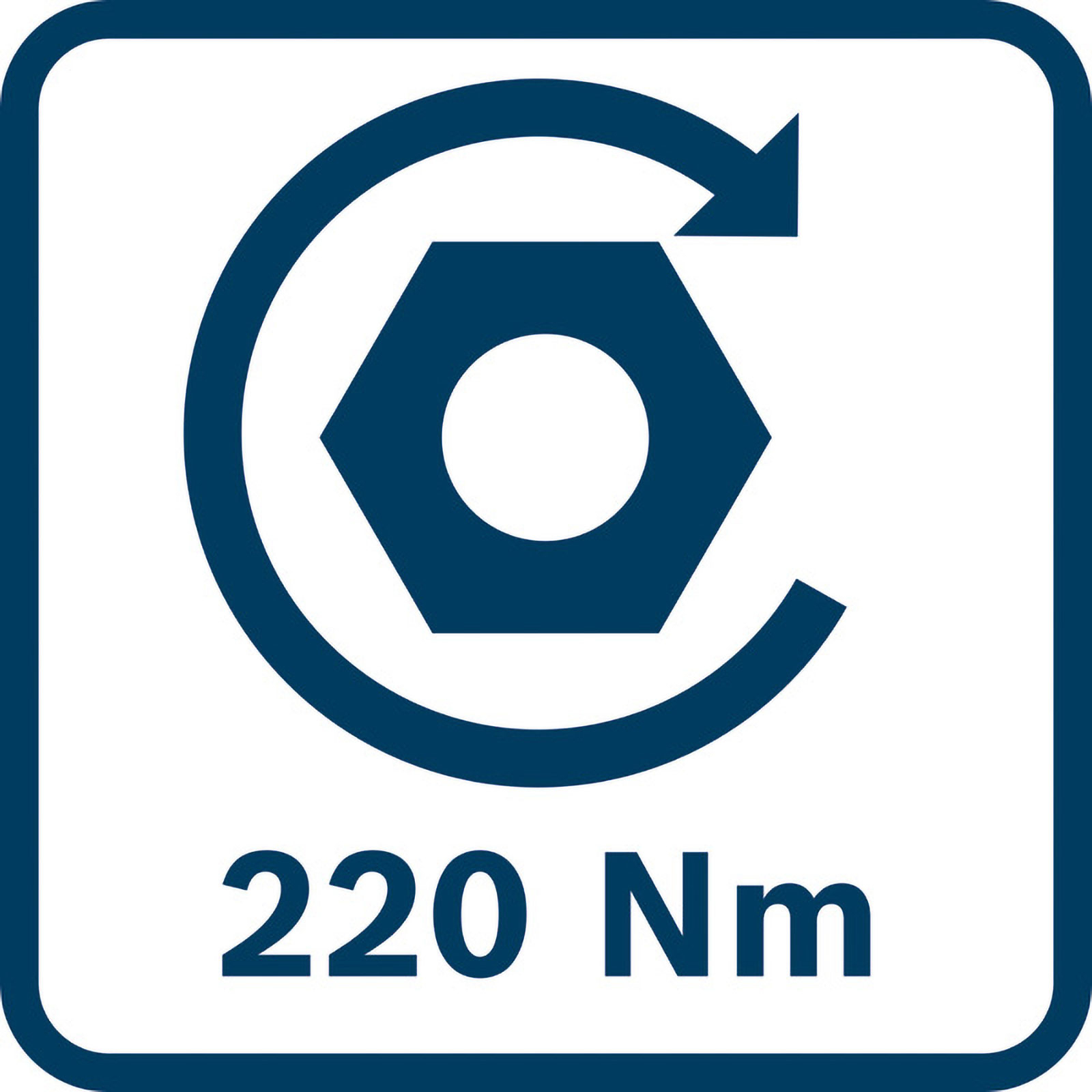 Dunkelblaues Symbol in einem Quadrat. Es zeigt einen Bolzen mit Pfeil und Text '220 Nm'.