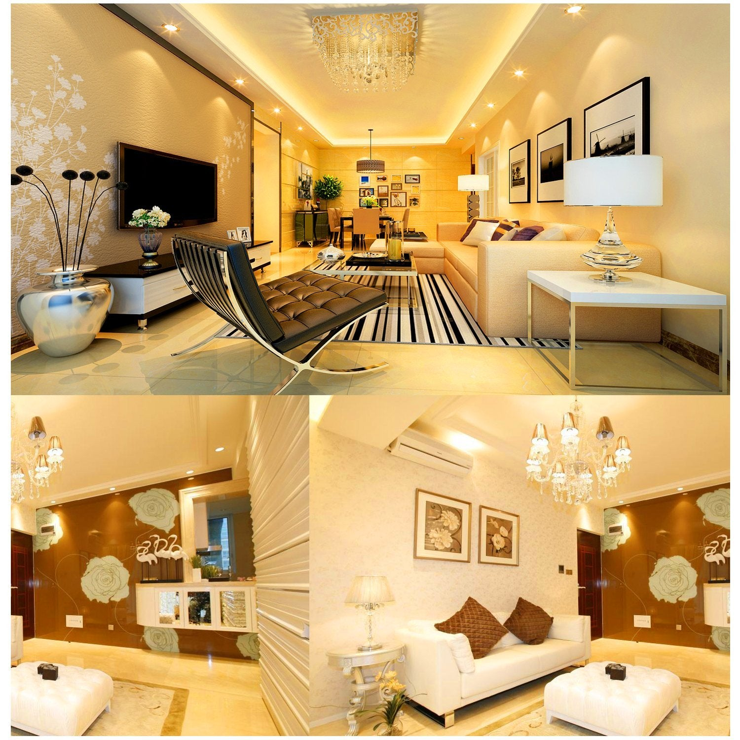 Ein modernes Wohnzimmer mit schwarzem Stuhl, beigem Sofa, Fernseher und Kronleuchter. Die Wände sind beige mit Blumendekorationen.