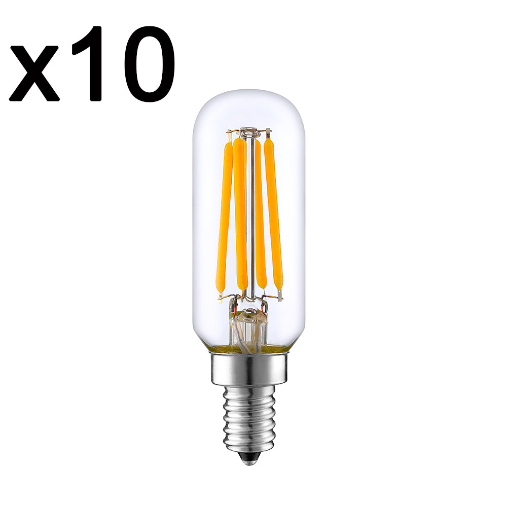Eine klare Glühbirne mit orangefarbenen Filamenten und einem silbernen Sockel. Der Text "x10" befindet sich oben links.