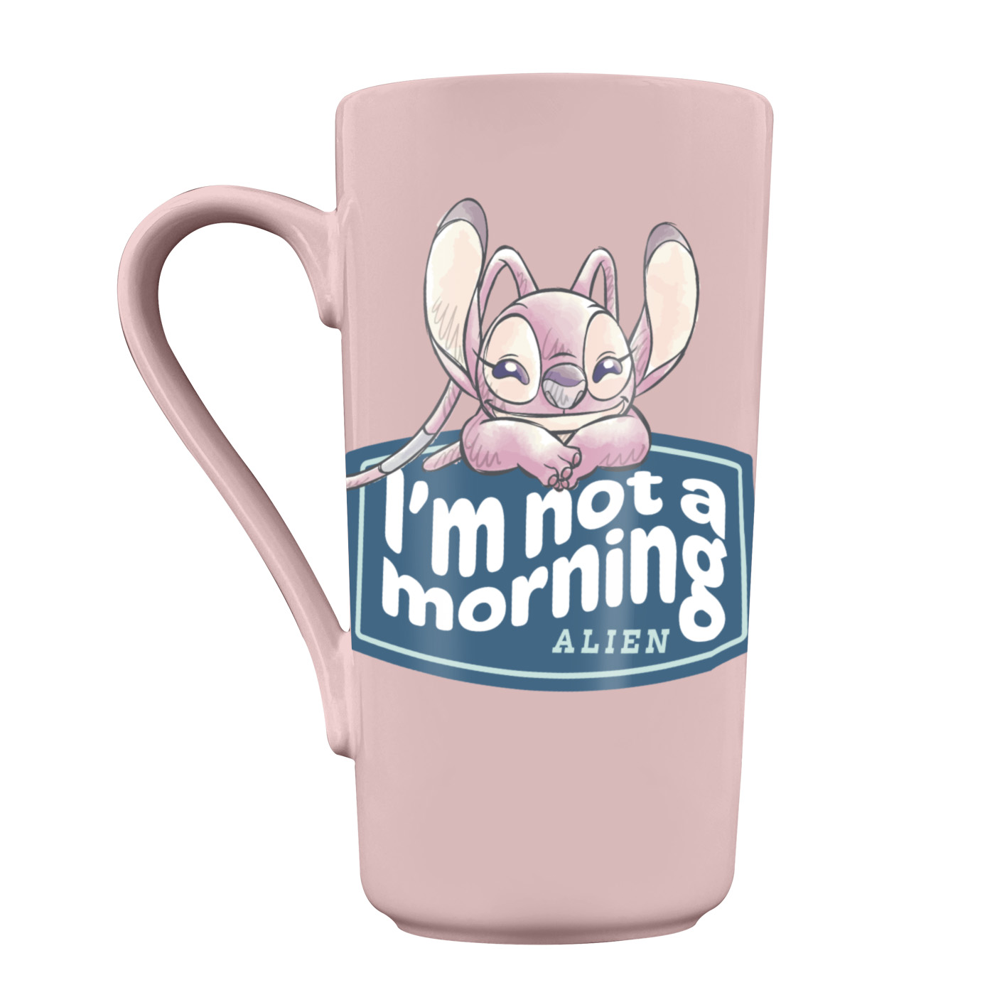 Rosa Tasse mit Angel, Text 'I'm not a morning alien'. Angel ist rosa mit großen Ohren und einem lächelnden Gesicht.