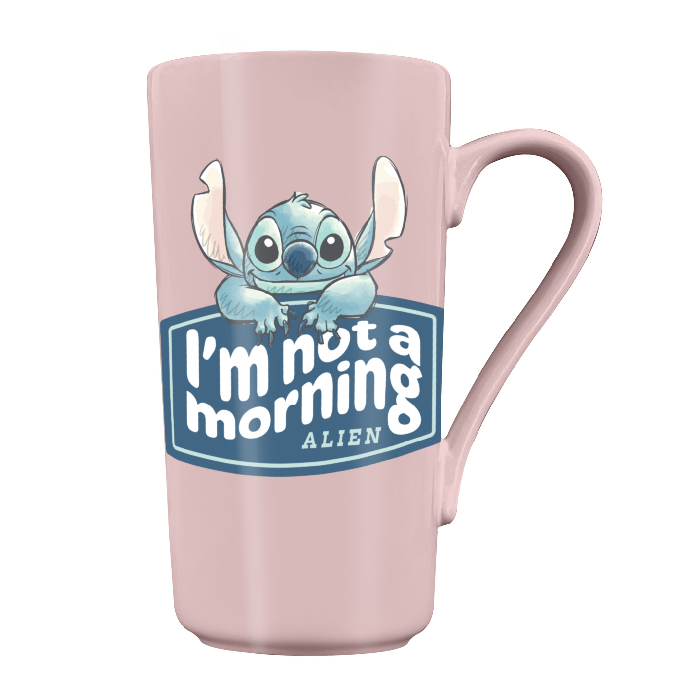 Ein rosa Kaffeetasse mit Stitch aus Lilo & Stitch. Die Tasse hat den Text: „Ich bin kein Morgen-Alien“. Stitch ist auf der Tasse.