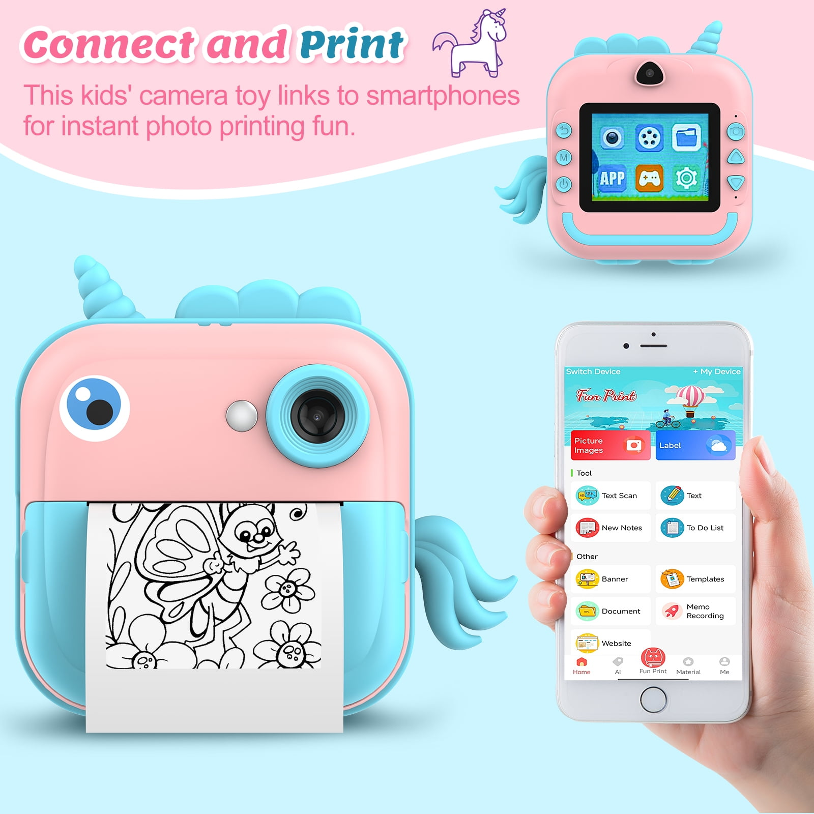 Rosa und blaue Kamera in Einhornform, die eine Schmetterlingszeichnung druckt. Ein Smartphone zeigt eine Druck-App.
