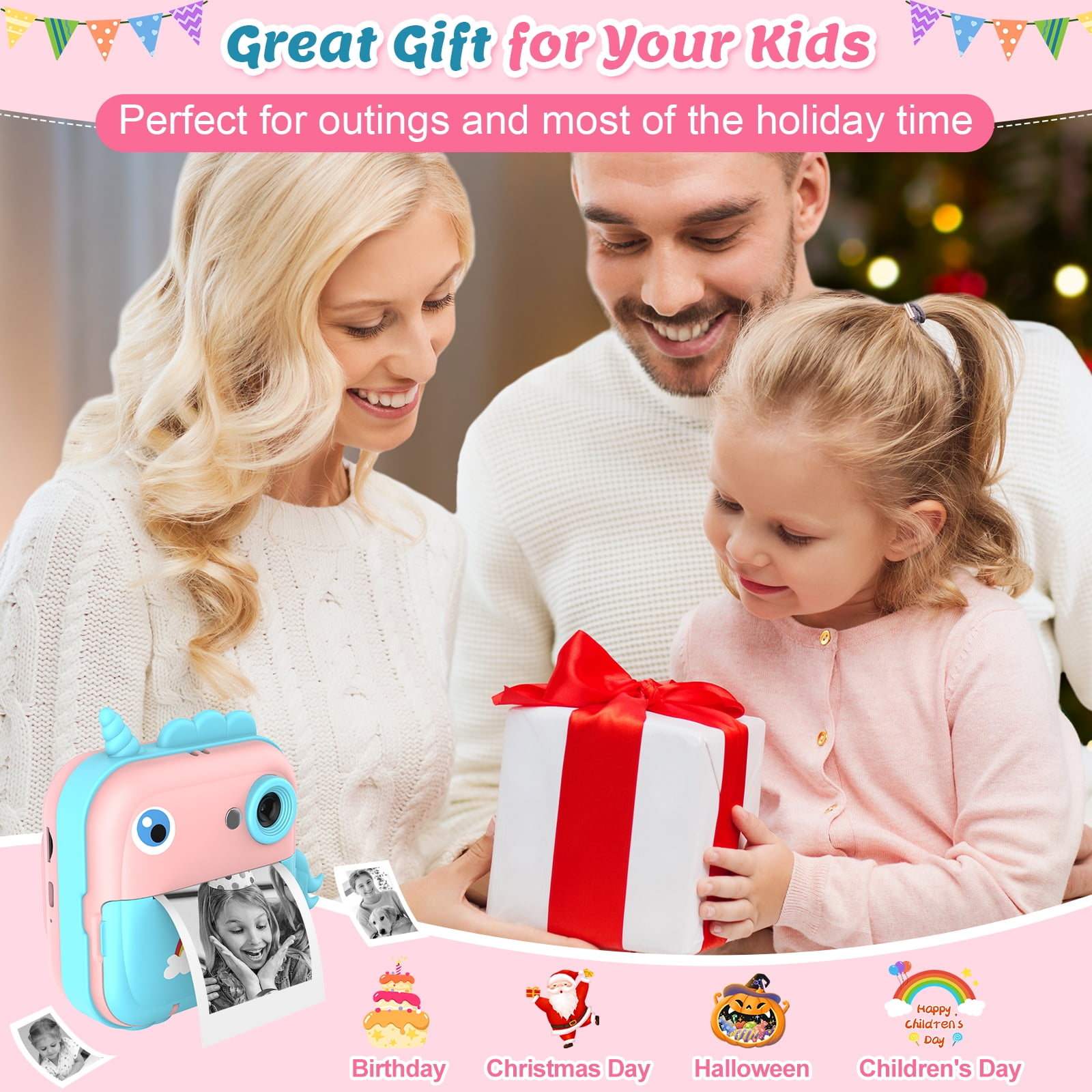 Eine Familie mit Kind öffnet ein Geschenk. Links ist eine rosa Kamera. Der Text oben lautet 'Tolles Geschenk für Ihre Kinder'.