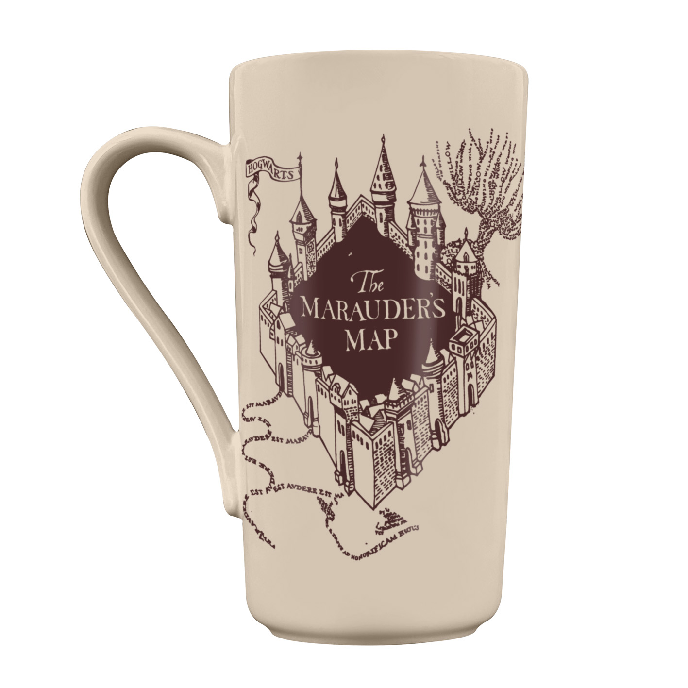 Ein cremefarbener Becher mit langem Griff. Er zeigt ein Kartendesign mit Text und einer Burgillustration mit der Aufschrift 'The Marauders Map'.