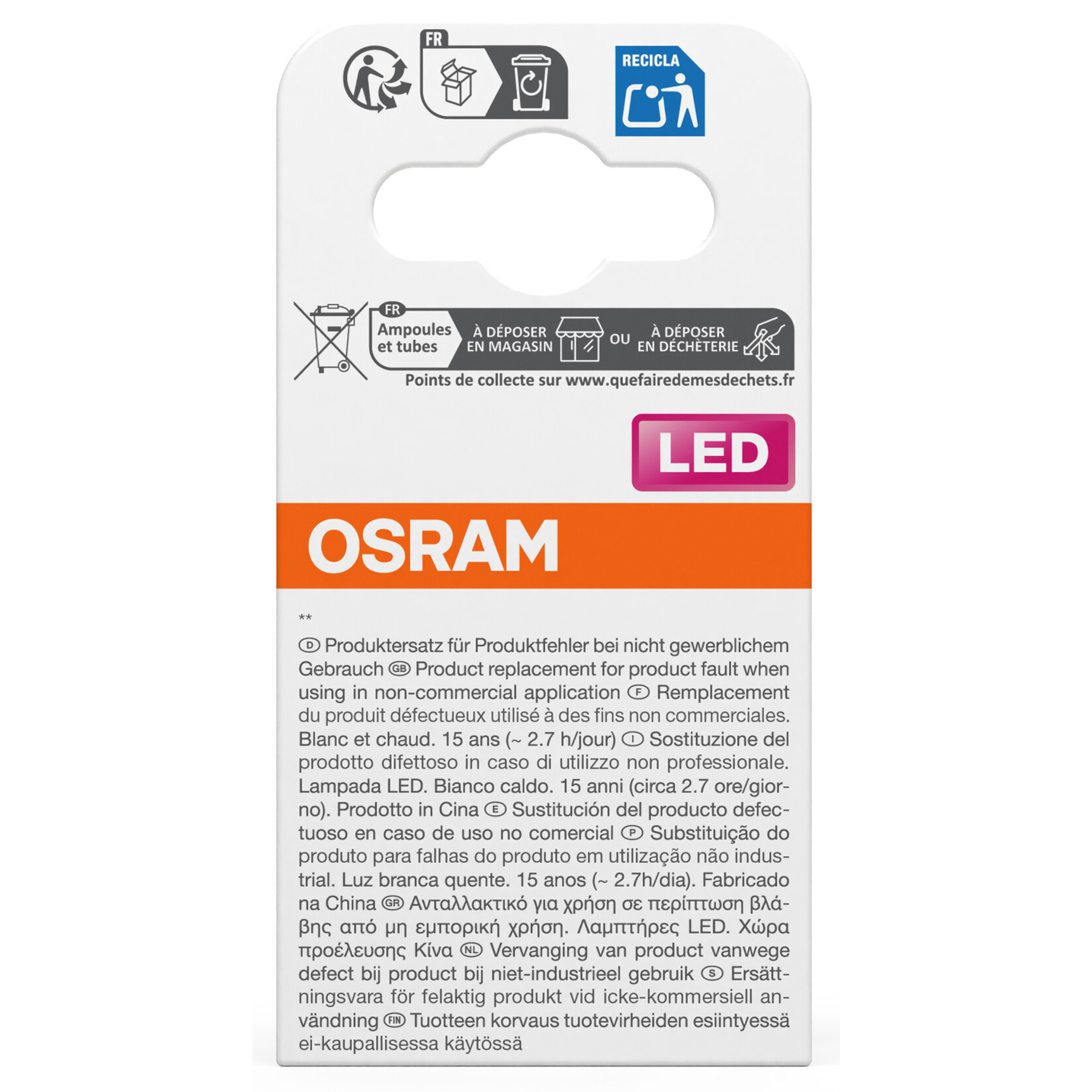 Una confezione bianca con simboli di riciclaggio. Contiene una luce LED OSRAM. Testo in più lingue.