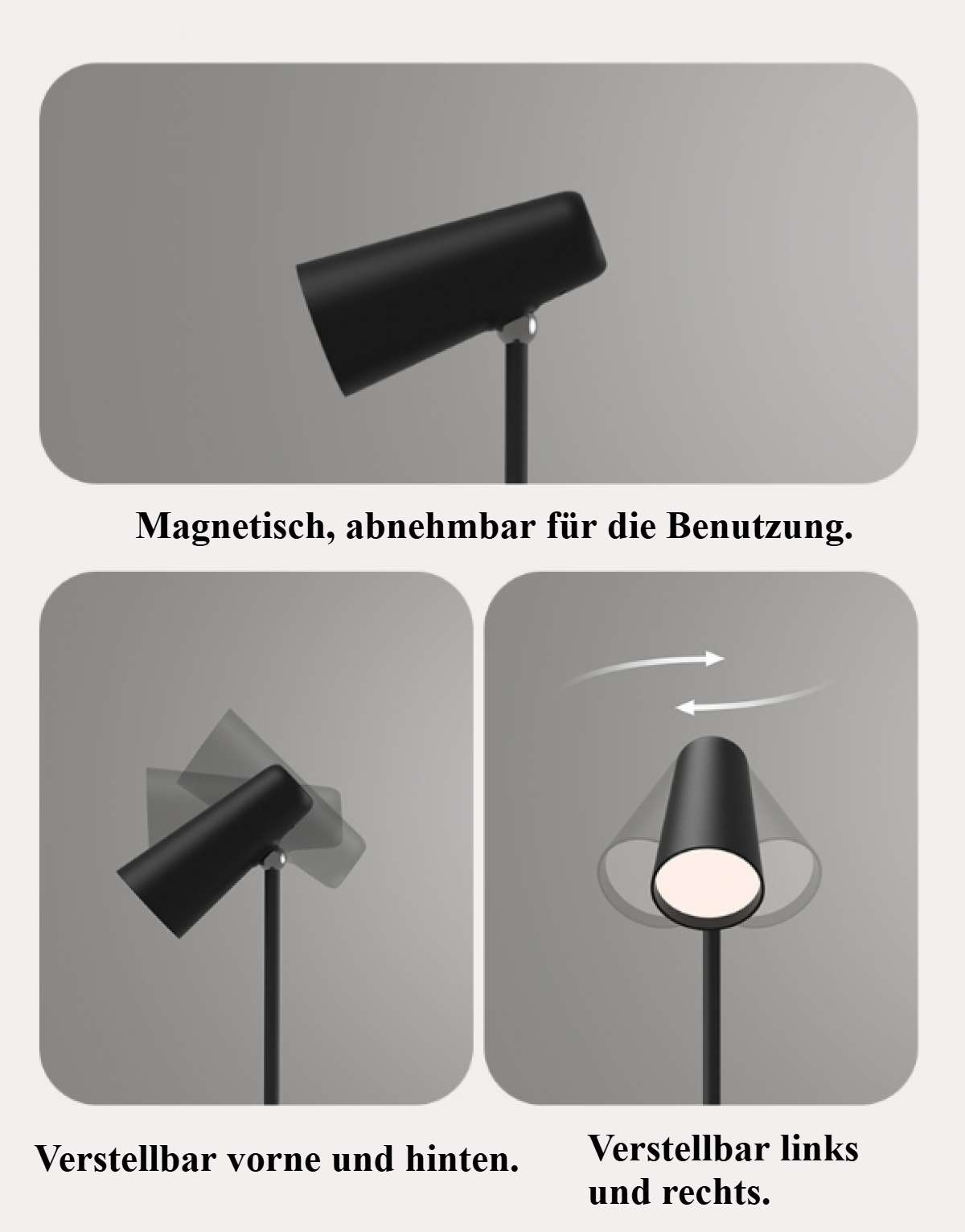 Diagramm einer schwarzen, verstellbaren Lampe. Zeigt Verstellbarkeit: abnehmbar, vorwärts/rückwärts und links/rechts. Text ist auf Deutsch.